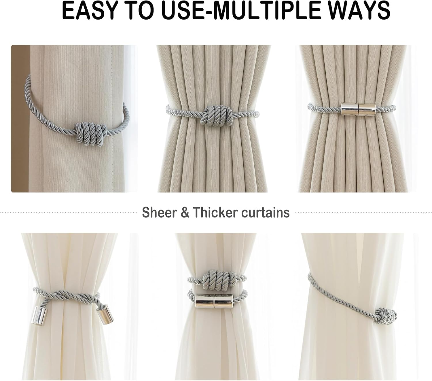Curtain Tiebacks Magnetic Decorative Rope Tie Backs Holdbacks Contoeey | 8 Pack Grey Modern Elegant Window Treatment