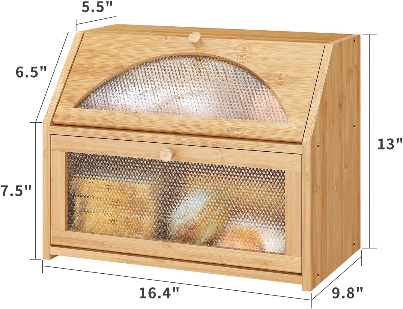 Bread Box, Bamboo Wood Bread Box for Kitchen Counter, Double-layer Bread Storage Bin, Acrylic glass with Diamond
