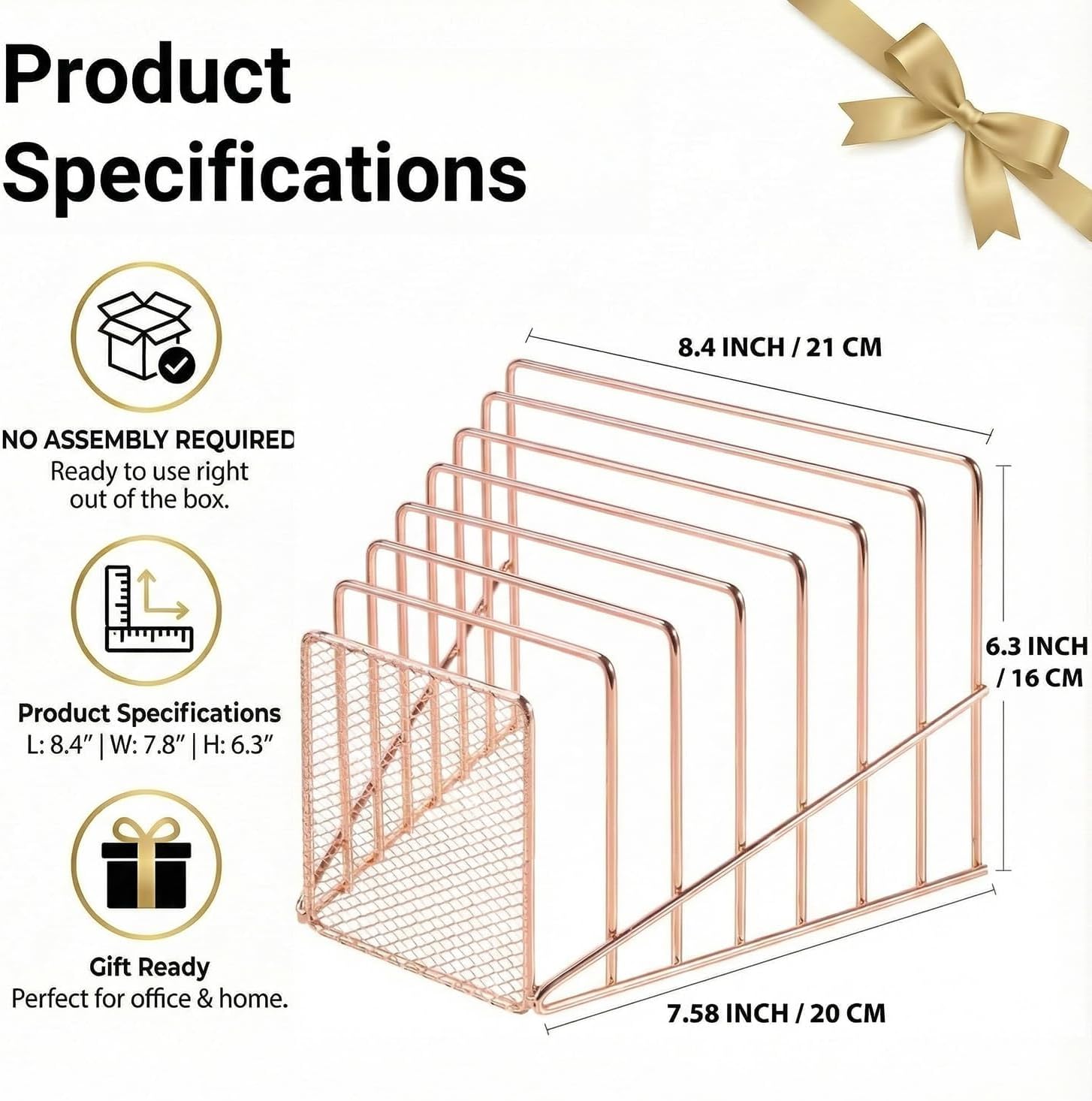 Rose Gold Desk Organizer 7 Slot Inclined Vertical File Folder Holder Sorter with Mesh Front – Metal Wire Rack for Mail