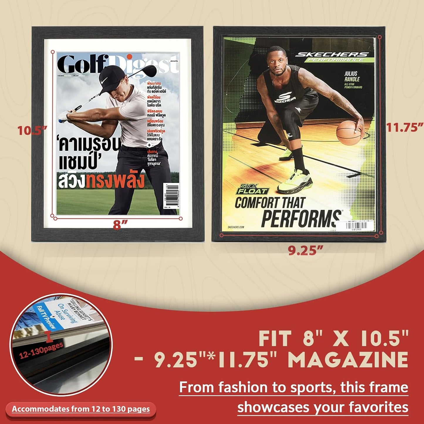 Sports Magazine Frame 4 Pack, Premium Wood Display Case for 8" x 10.5" Magazines, Wall Mount or Tabletop Stand, Layered