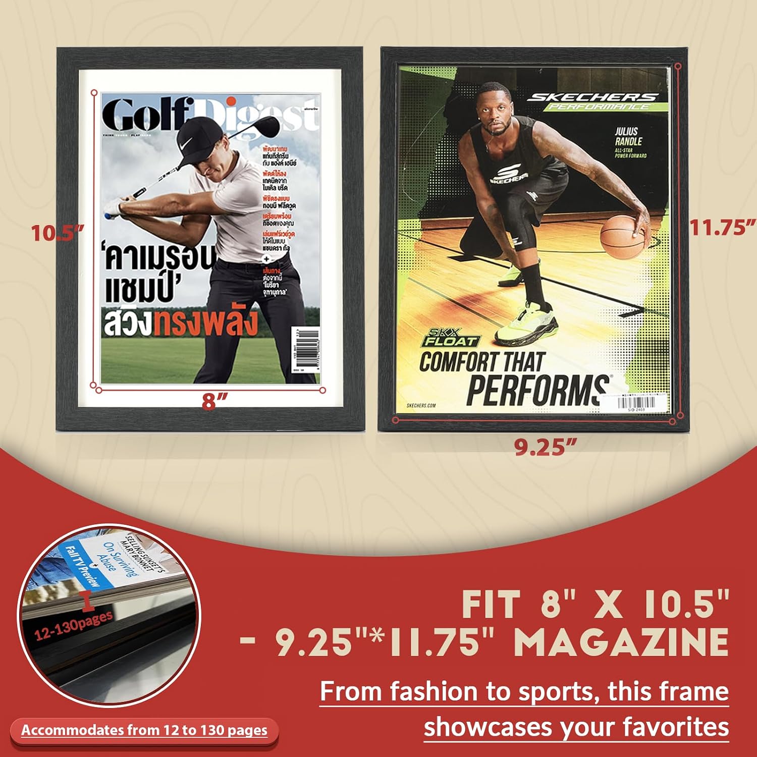 Sports Magazine Frame 4 Pack, Premium Wood Display Case for 8" x 10.5" Magazines, Wall Mount or Tabletop Stand, Layered