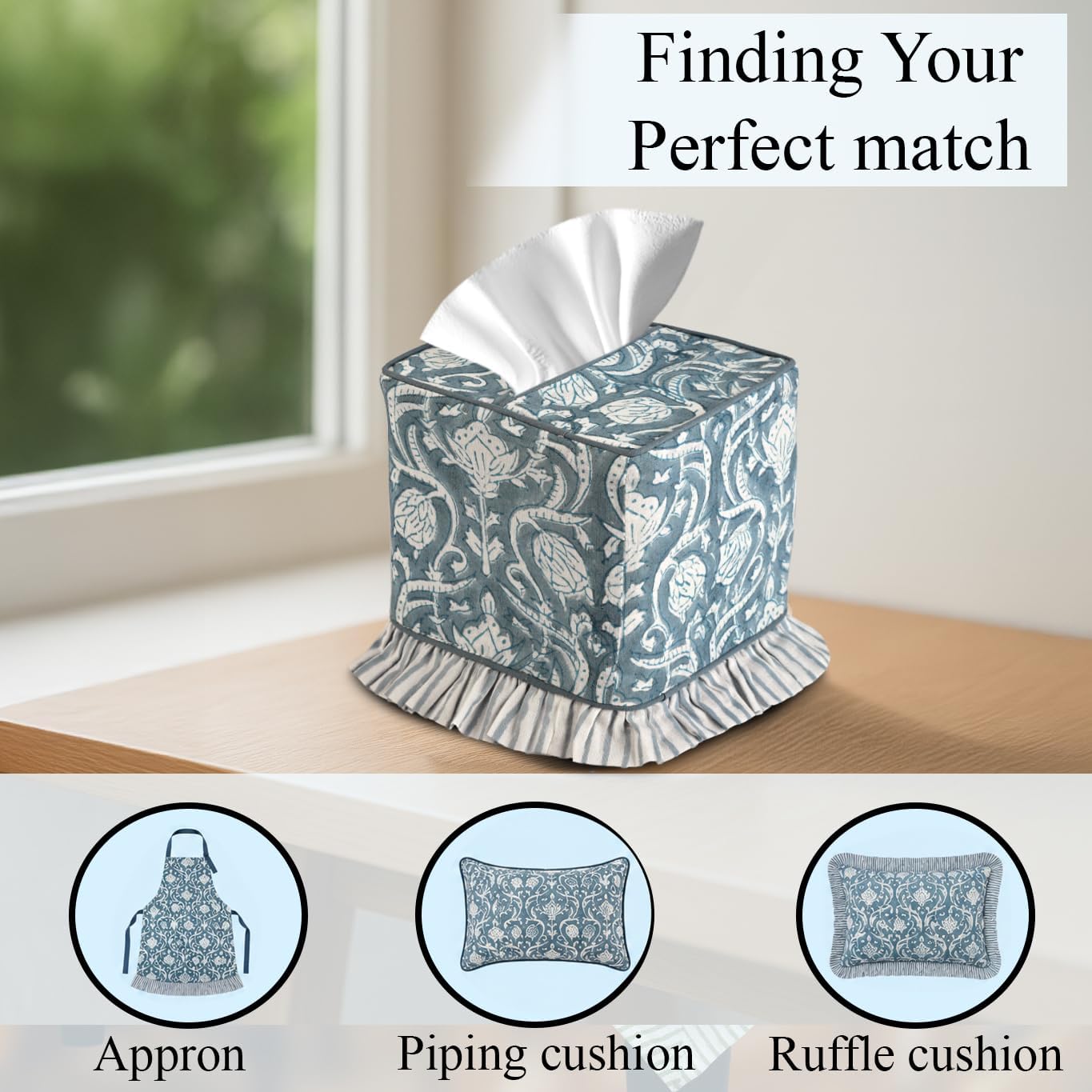 CPC Hand Block Print Cotton Ruffle Tissue Box Cover " Decorative / Azure Regal / 4.5 x 4.5 x 5