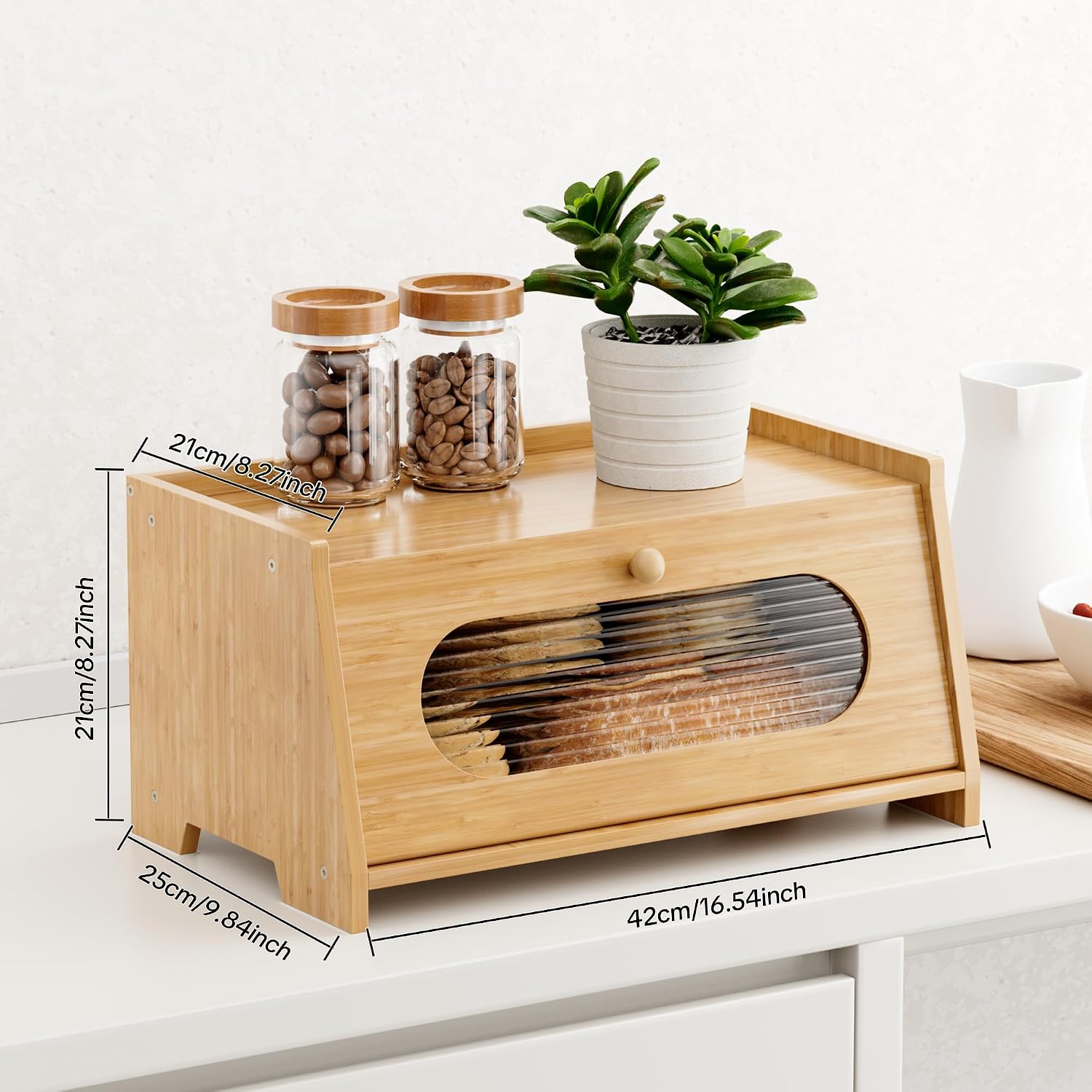 Bamboo Bread Box for Kitchen Countertop,Large Capacity Kitchen Countertop Organizer,Bread Storage with Acrylic Window