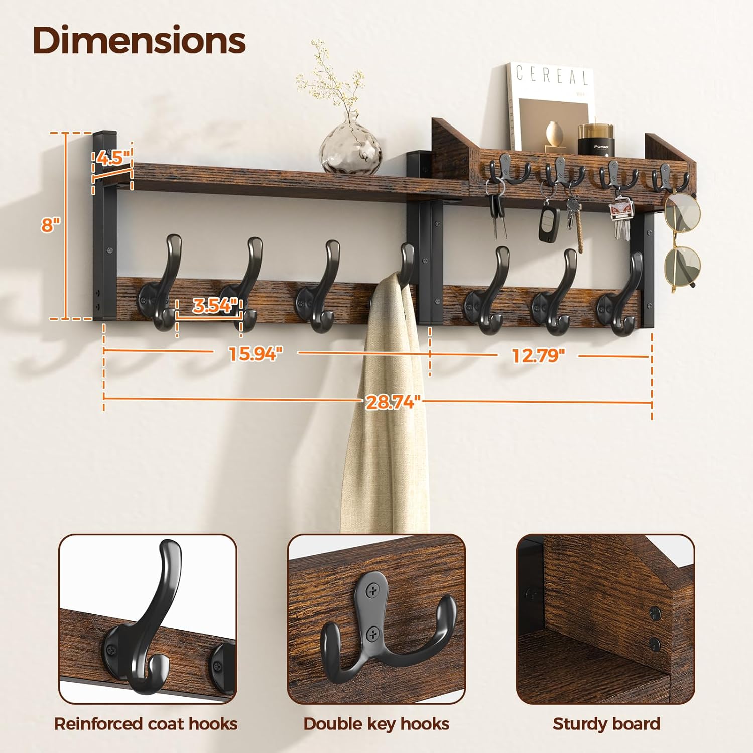 11 Metal Hooks / Rustic Brown / 29 Inch / 4 Inch