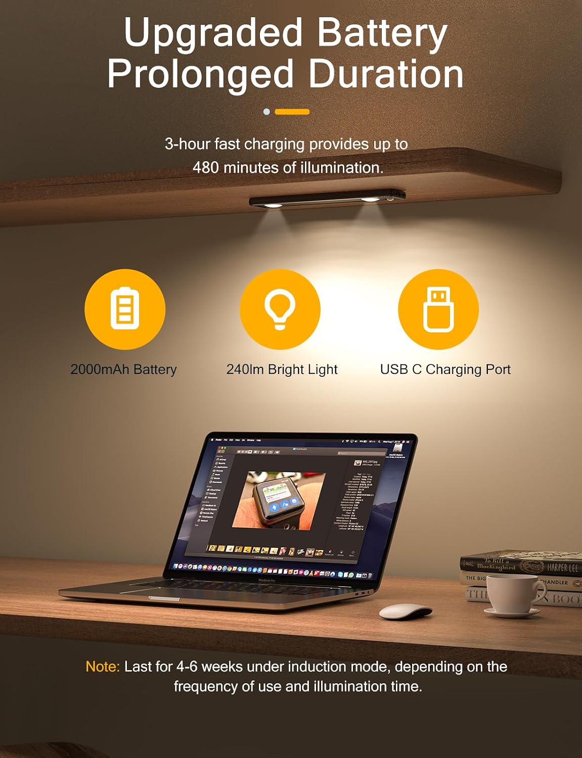 Under Cabinet Lights, Wireless Motion Sensor Light Indoor, Black 10in LED warm Lighting Rechargeable Battery Operated,4