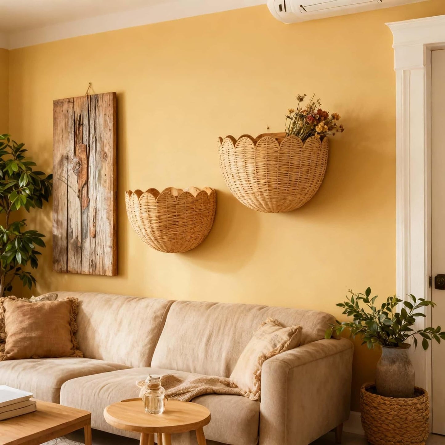 Hand Woven Hanging Wicker Wall Baskets Set / 16 x 10 x 7