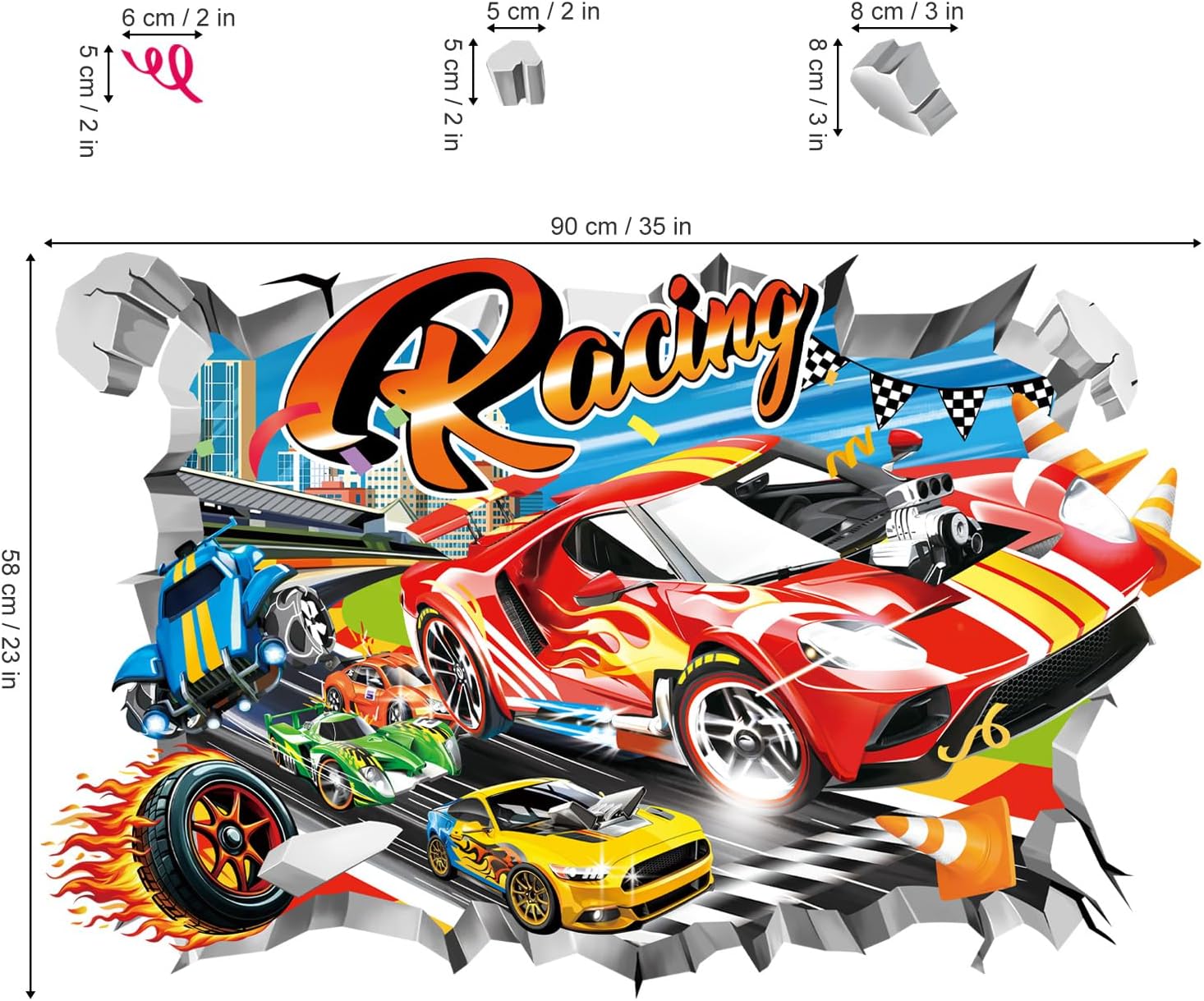 3D Racing Cars Wall Stickers Break Through Cars Flags Wall Decals Boys Bedroom Kids Room / Red