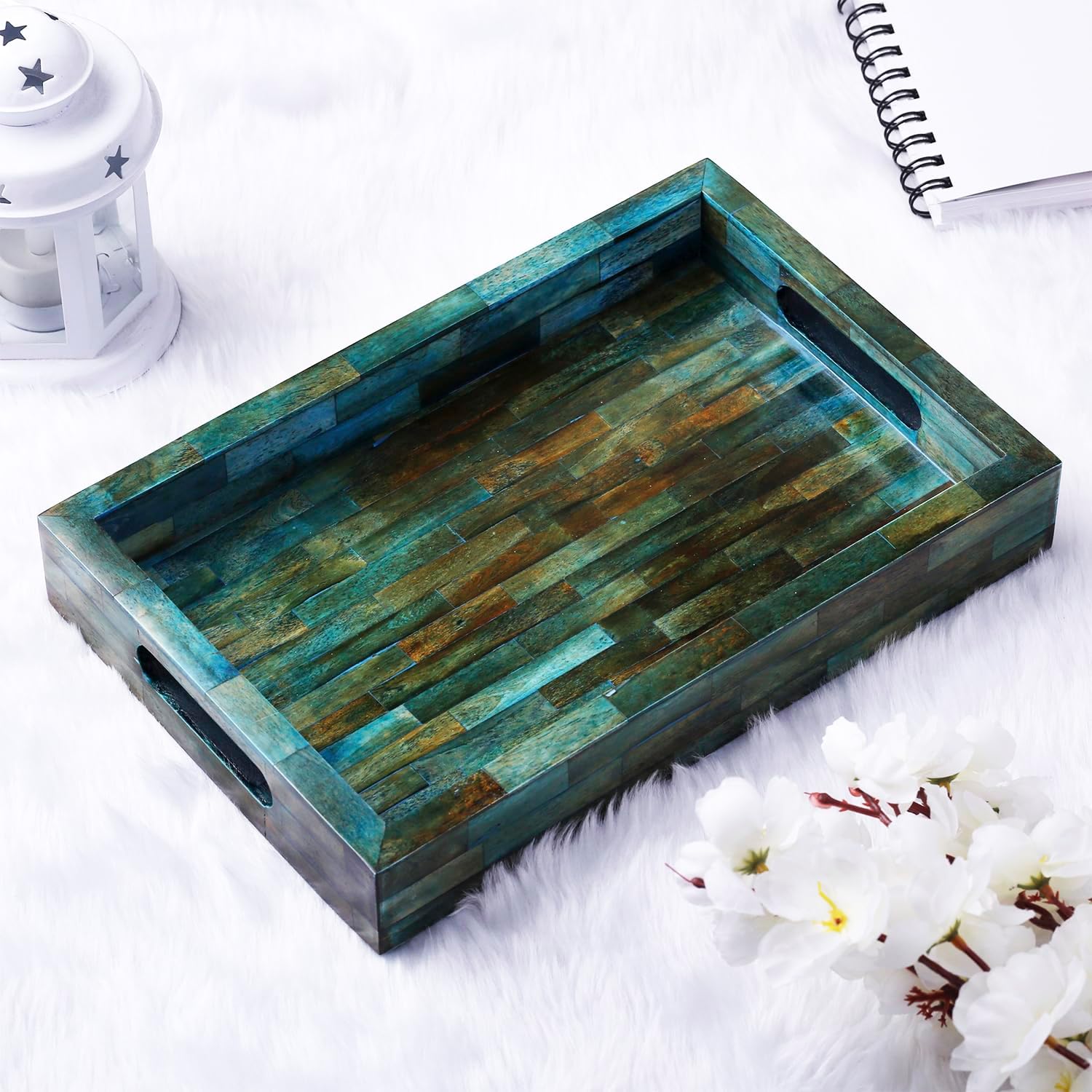 Bone Inlay Decorative Tray / 11 x 17 / Verdigris
