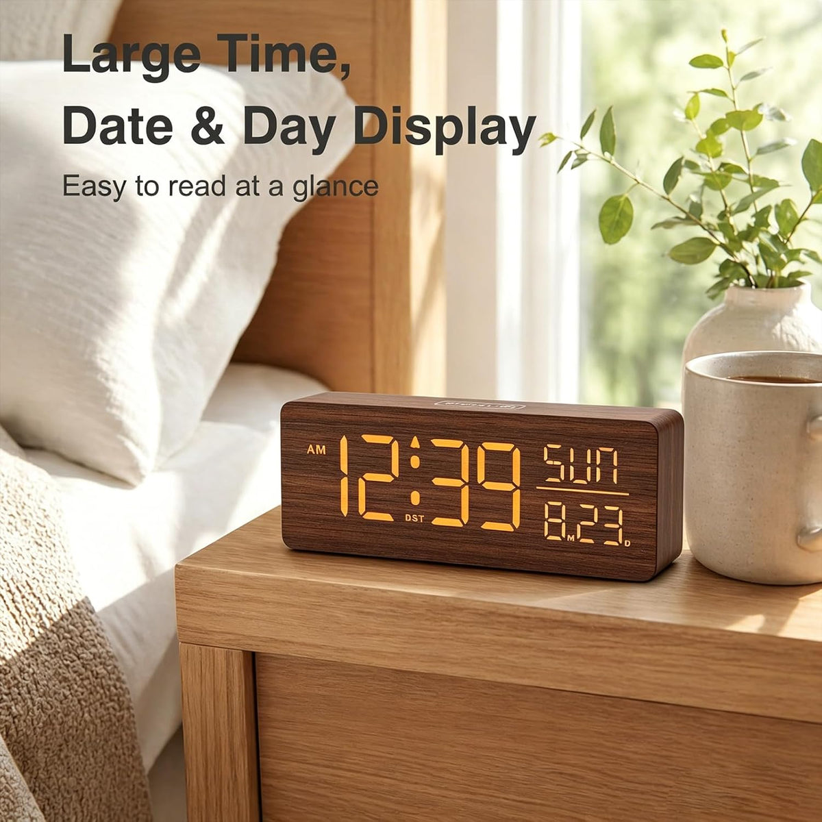 Peakeep Wooden Digital Alarm Clock Large Display, Textured Decoration | for Bedroom Living Room Desk Table, Electric
