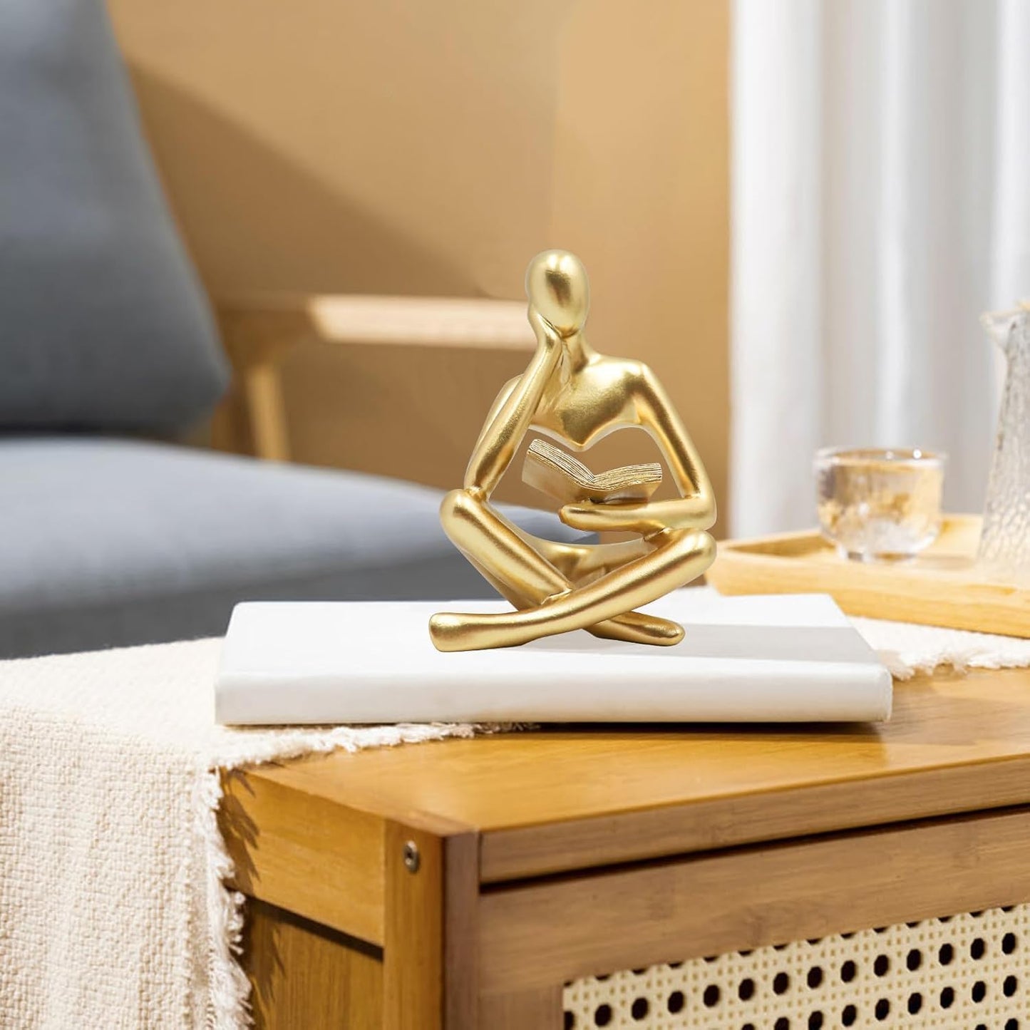 Resin Desktop Statue / Golden Abstract Thinker Reading Sculpture