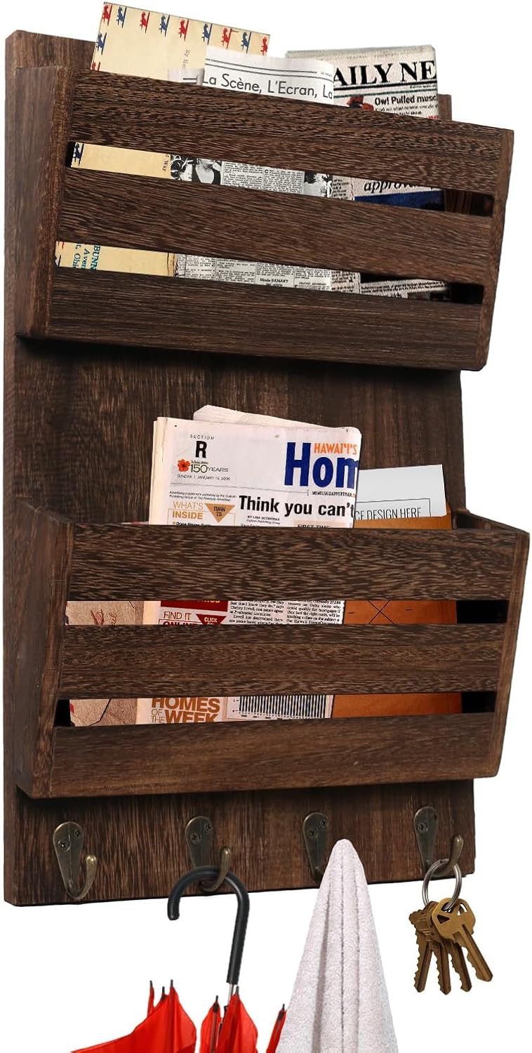 Rustic Wooden Hanging Mail Sorter Farmhouse Key Holder / Brown