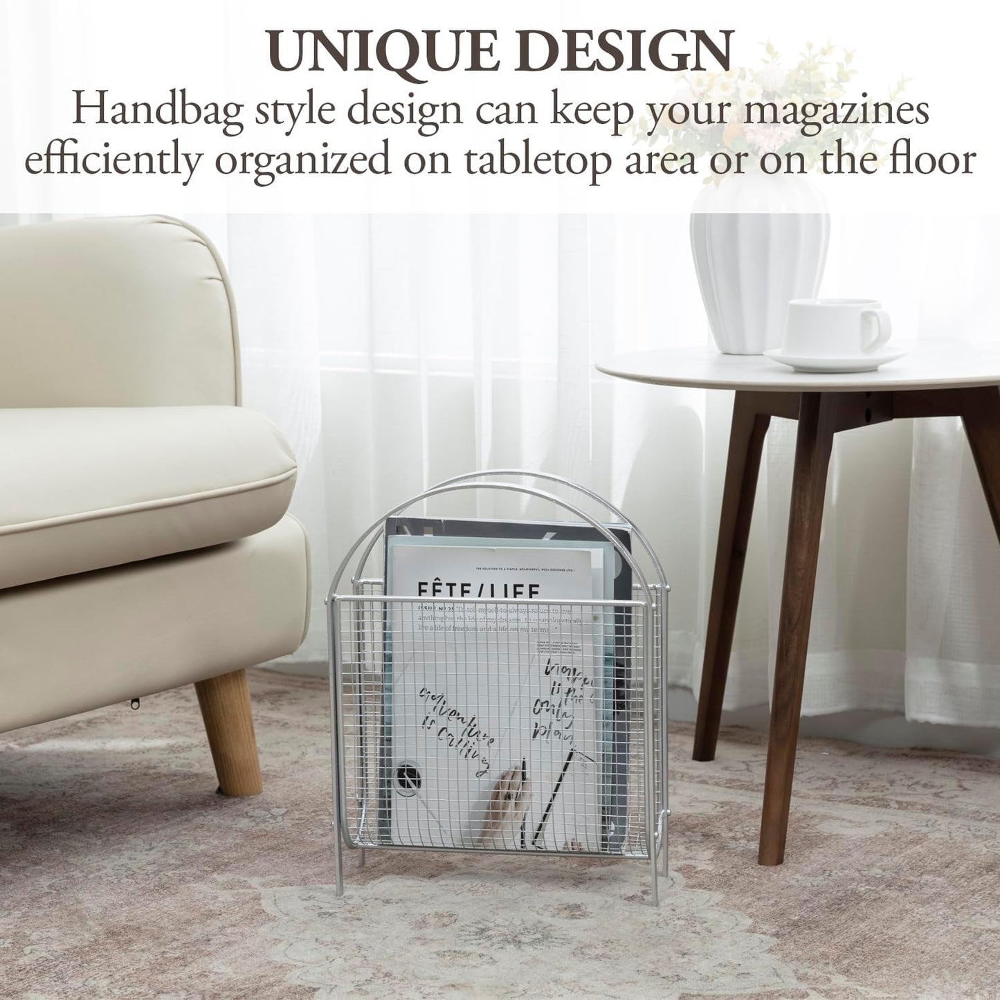 MyGift Mid-Century Silver Metal Mesh Magazine Rack, Freestanding Holder | Mid-century inspired silver mesh rack keeps