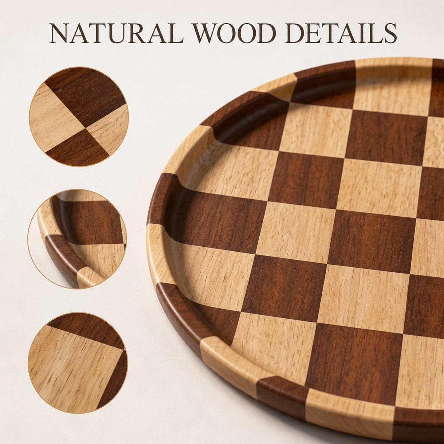 Checkered Tray Round Wooden Trays for Decor / 11 Inch