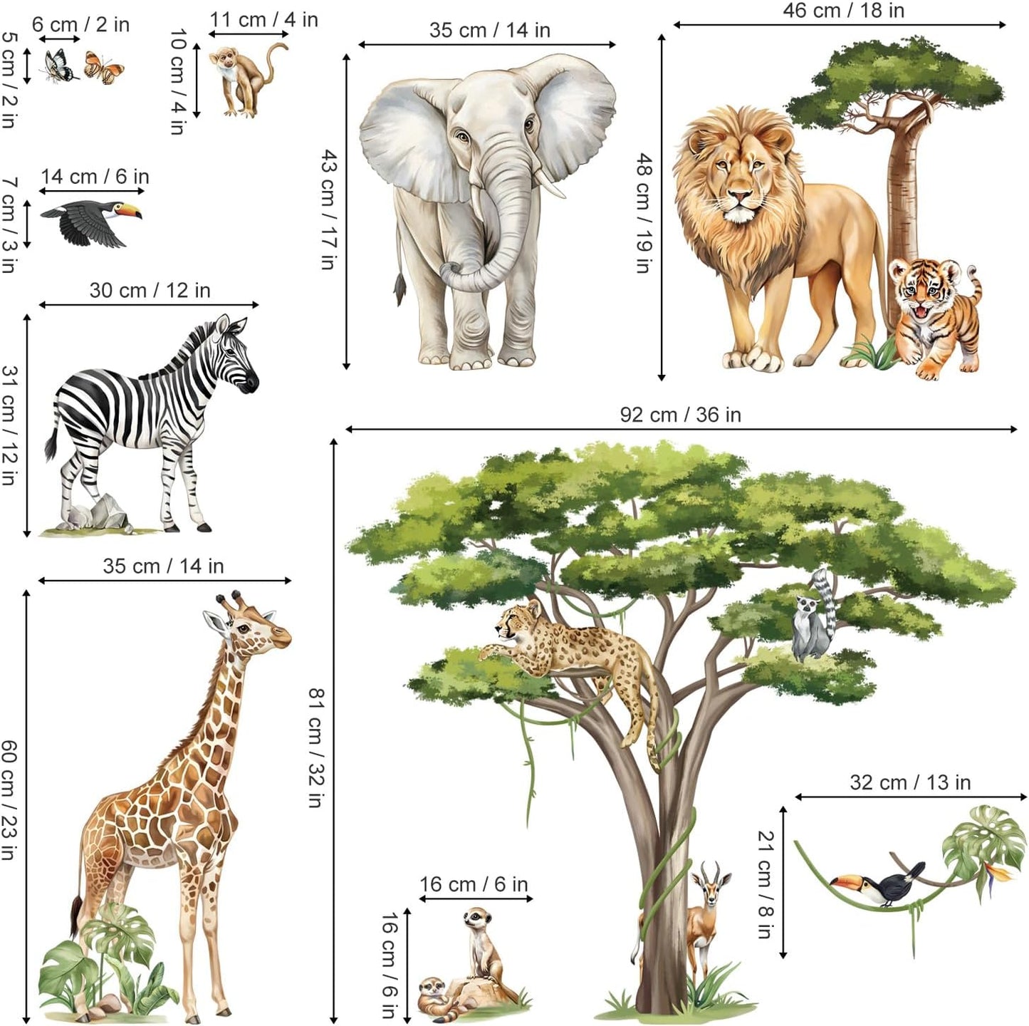 Large Safari Animals Tree Wall Stickers Jungle Animals Giraffe Elephant Lion / Safari Animals XXL