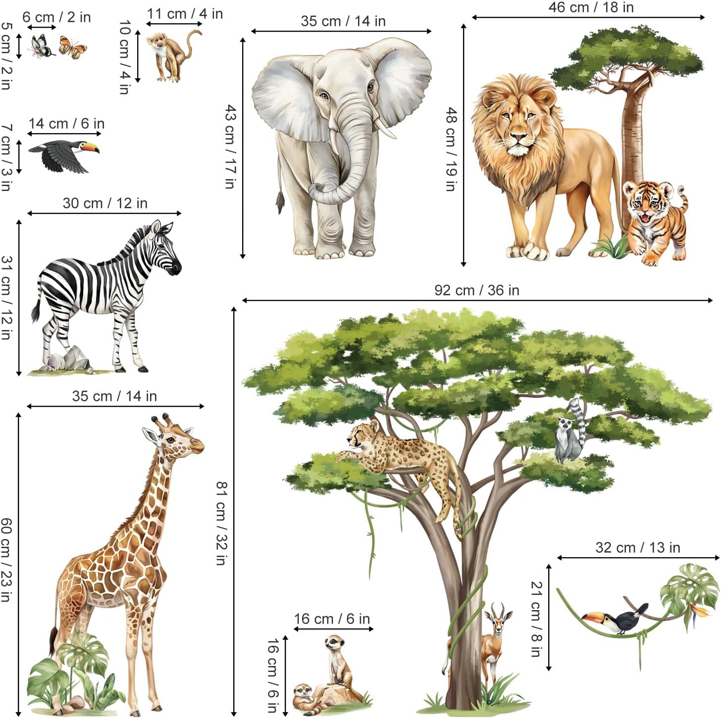 Large Safari Animals Tree Wall Stickers Jungle Animals Giraffe Elephant Lion / Safari Animals XXL