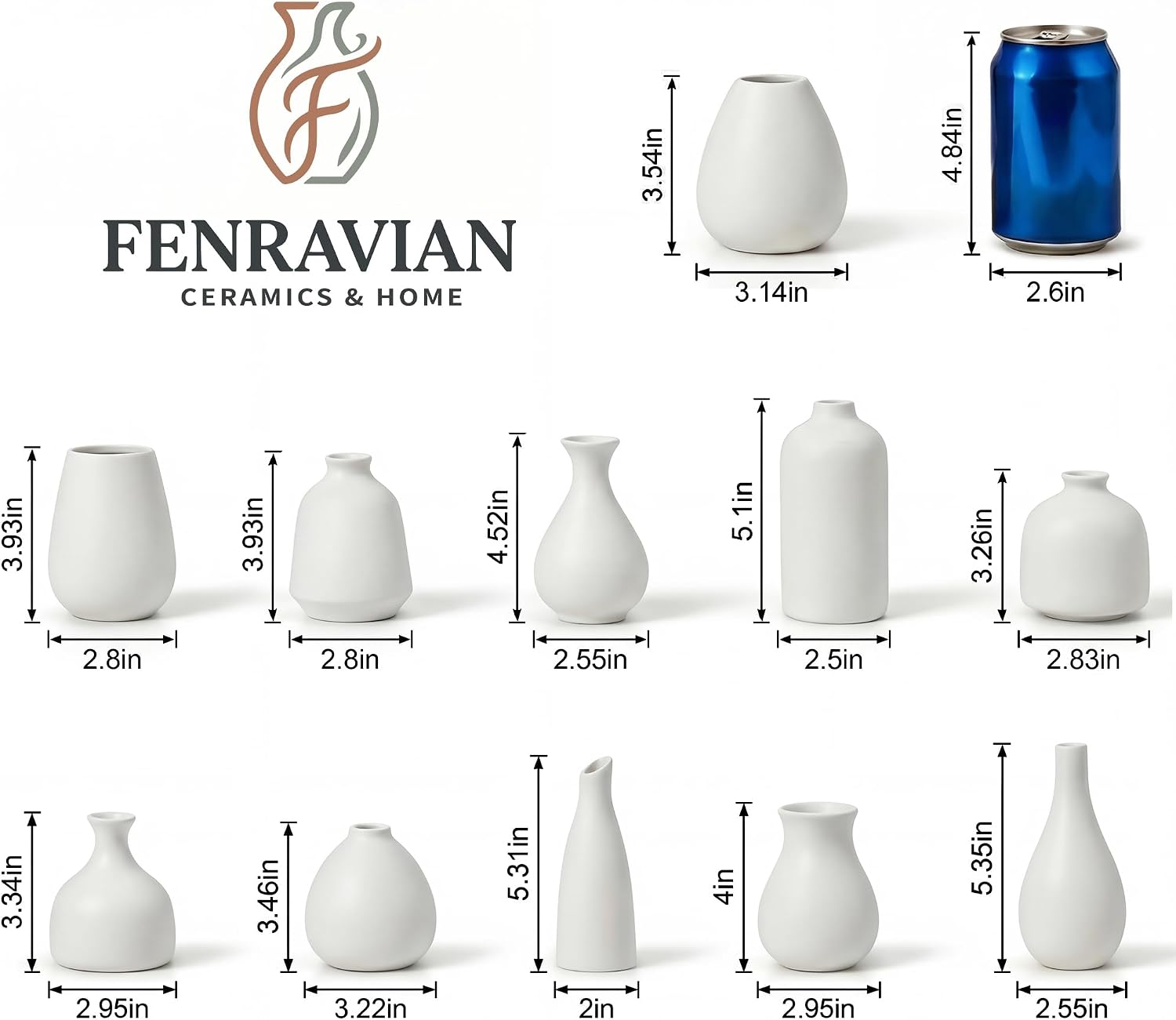 Small Ceramic Vase / White - 11-piece Set / Set of 11