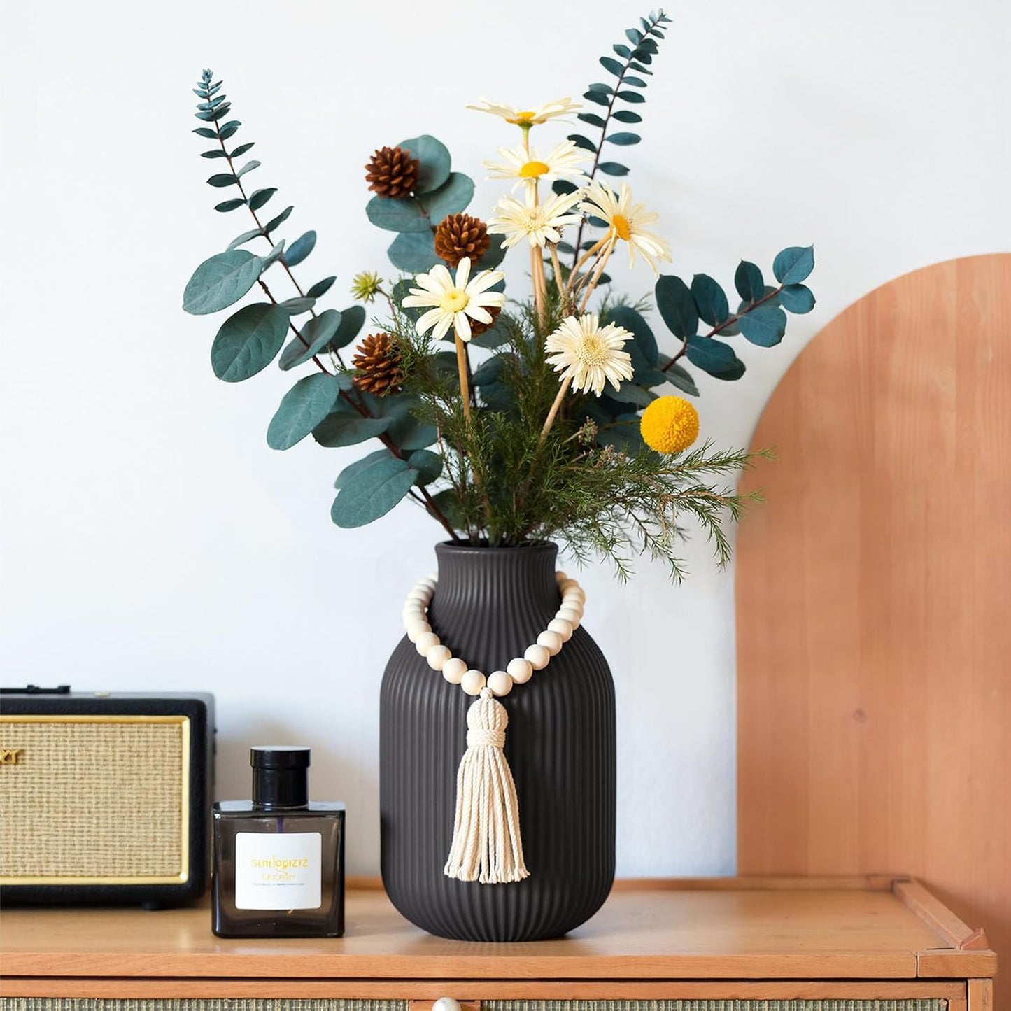 Ceramic Vase / Tall Boho Ribbed Vase / Black / 7.9 Inch