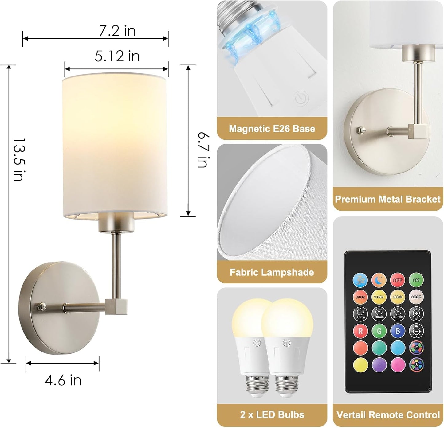 KARTOOSH Battery Operated Wall Sconce Set of Two, Dimmable 4CCT, RGB, Timer | Rechargeable Wireless Wall Decor Light