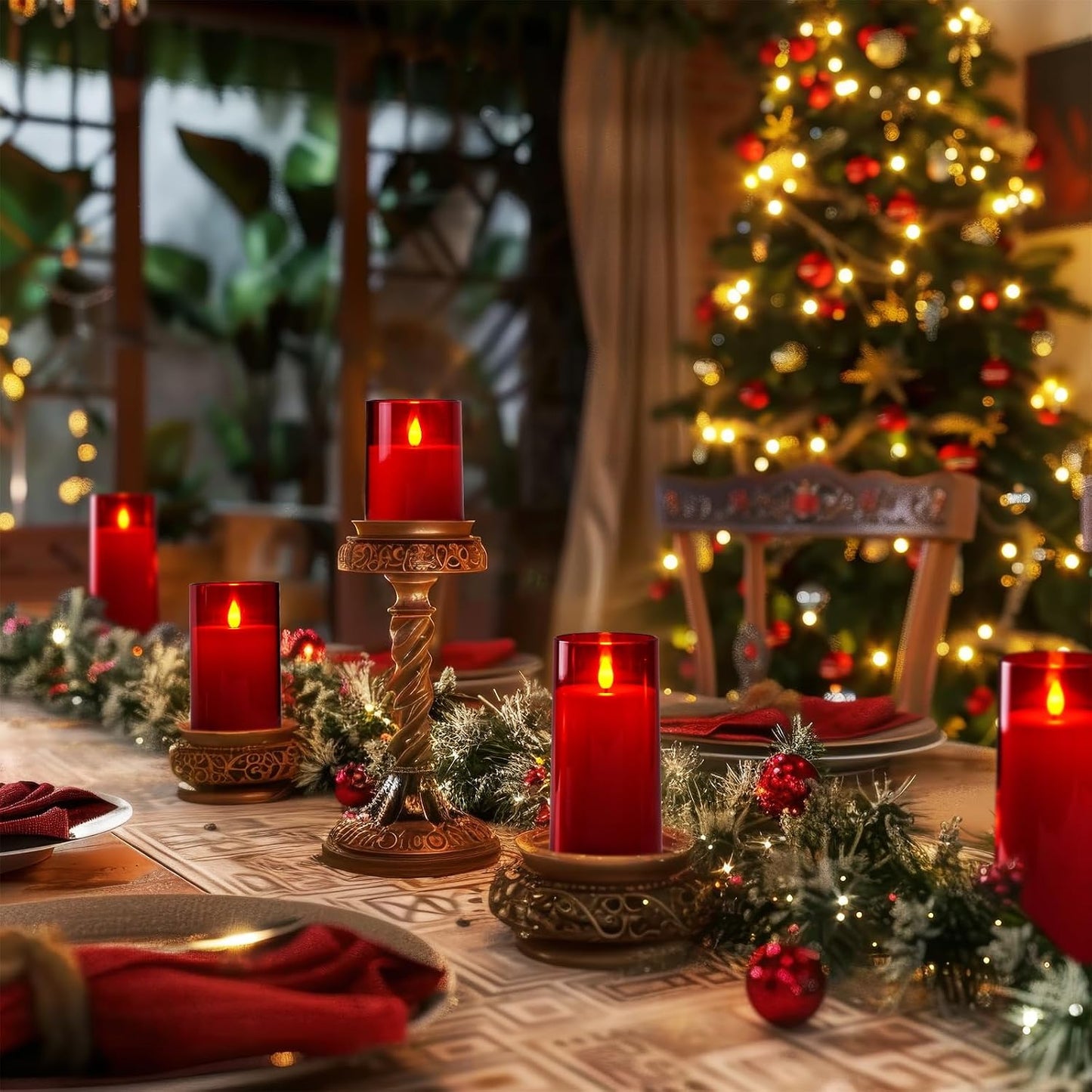 Homemory Christmas Red Flickering Flameless Candles, Battery Operated Acrylic LED Pillar Candles with Remote Control