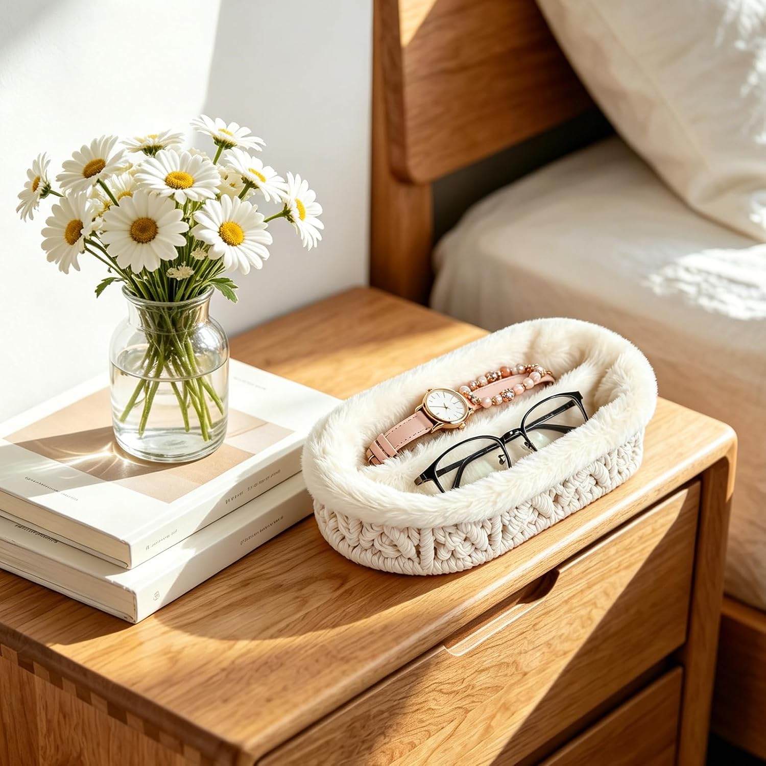 Glasses Holder / Eye-glasses Jewelry Tray for Nightstand Desk / Beige
