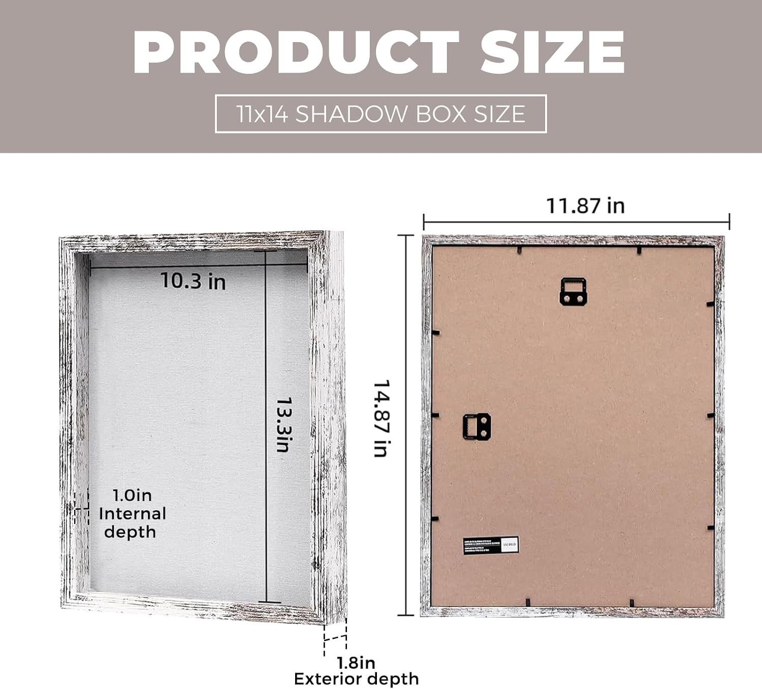 Muzilife 11x14 Shadow Box Wood Picture Frame, Tempered Glass, Rustic White | FSC-Certified MDF | Soft Acid-free Linen