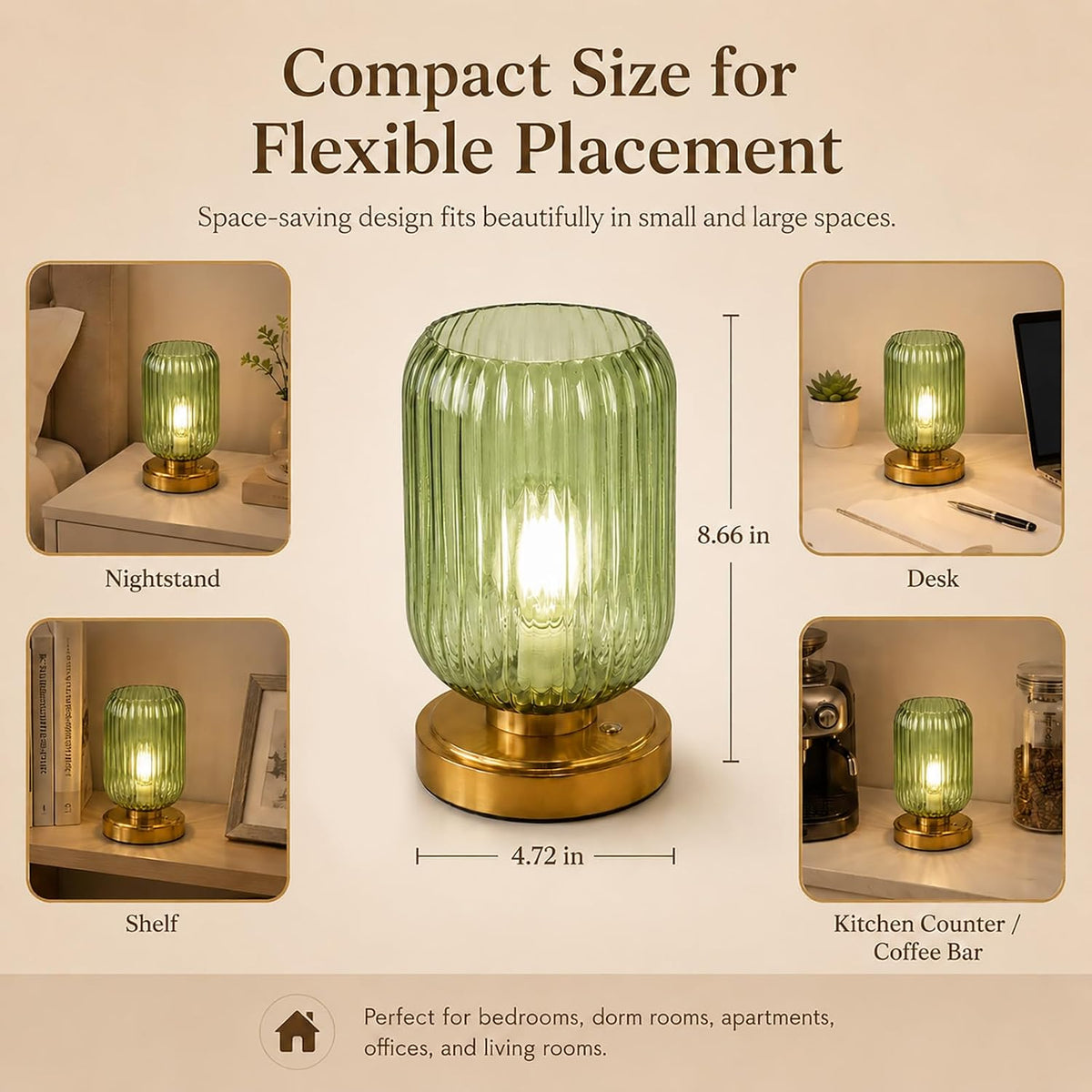 Cordless Glass Table Lamp, 3 Color Modes & Stepless Dimming, Green | 7500mAh Rechargeable Battery Powered LED Desk