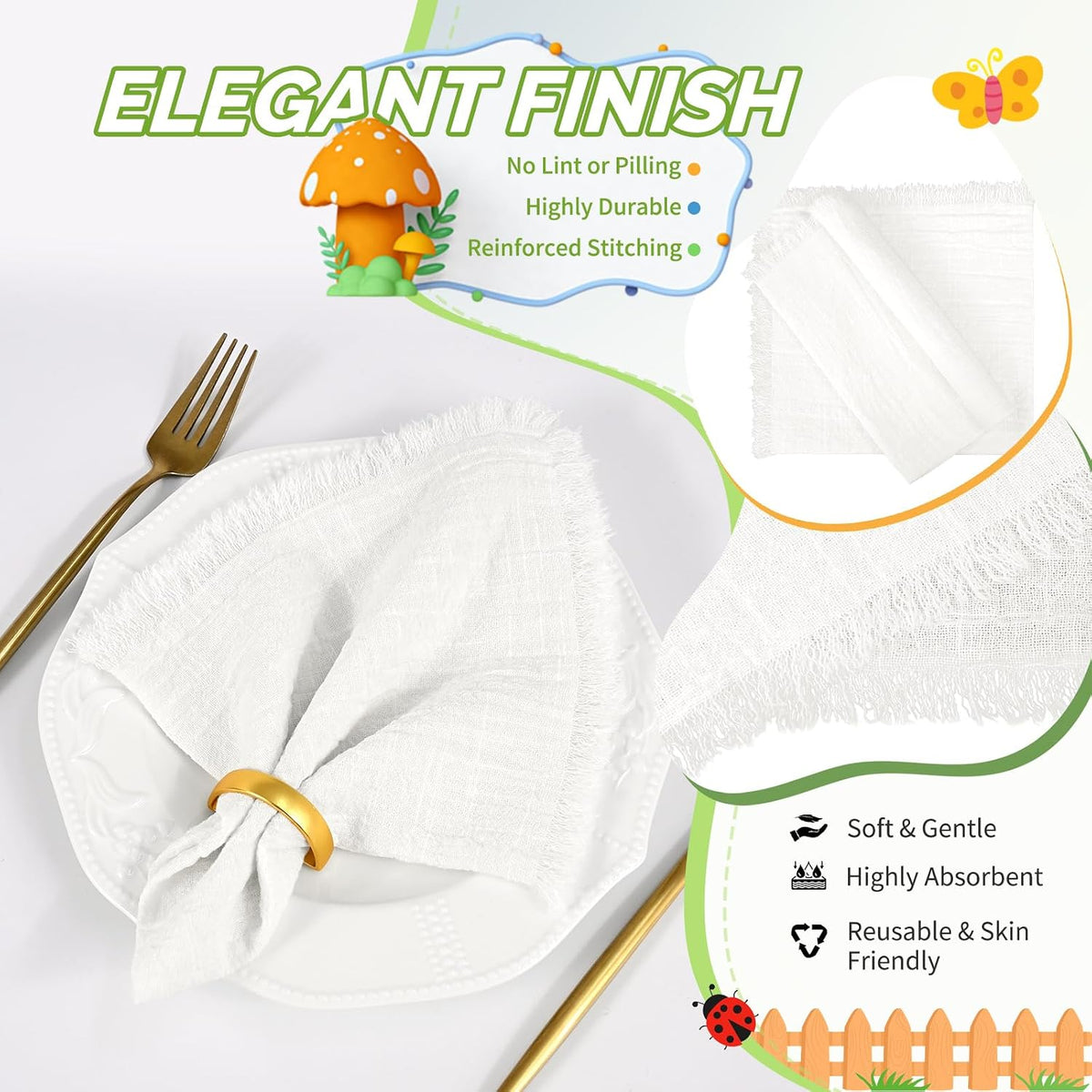 Showgeous 30 Pack White Cloth Napkins with Fringe, 16x16 inch 100% Cotton | White Napkins Handmade Dinner Napkins Bulk
