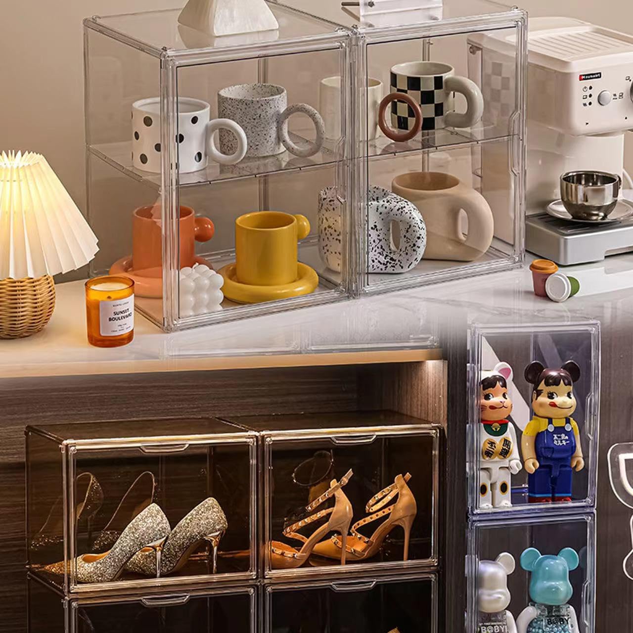 BOHOIDEE 4 Tiers Clear Acrylic Display Case for Closet, Purse Storage Organizers Box, Plastic Storage Bins with 3