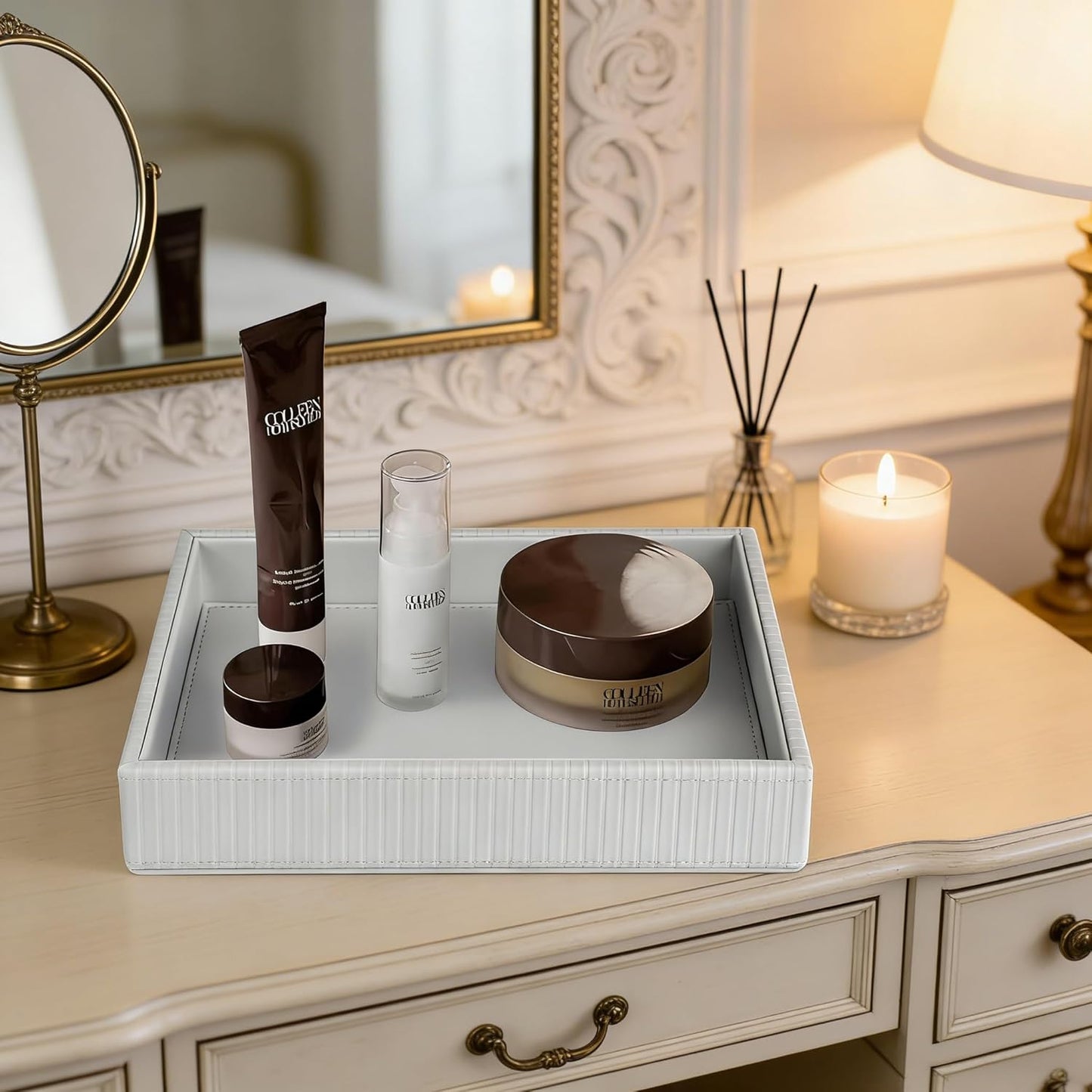Faux Leather Vanity Tray / Grey Stripe / 10.2 x 8.4 x 1.8