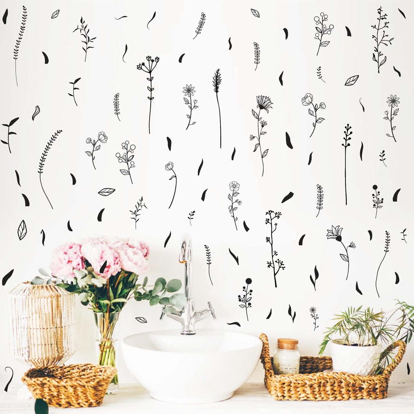 Floral Leaf Wall Decals Wildflower Wall Stickers Bouquet Botanical Plant Leaves Wall / Black