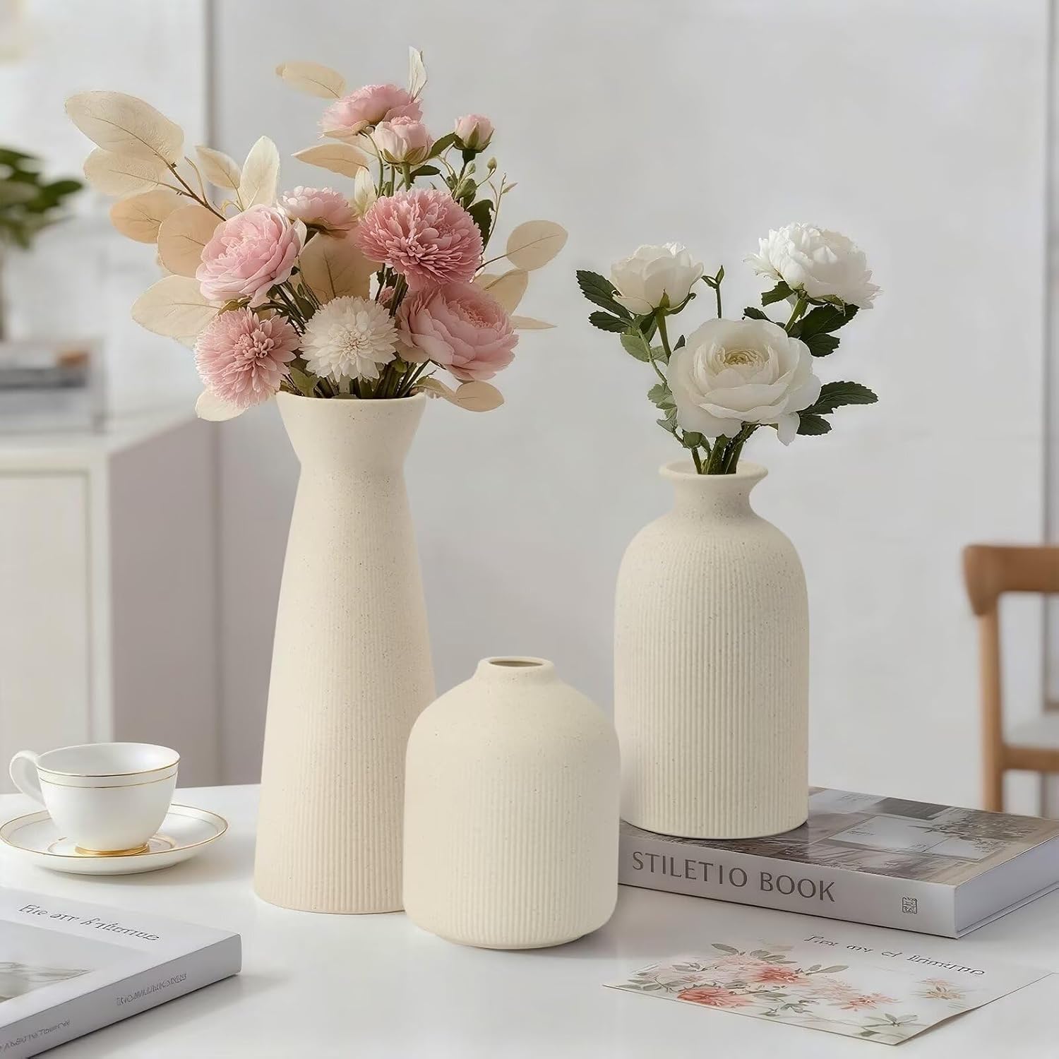 Ceramic Flower Vases / Beige / Set of 3