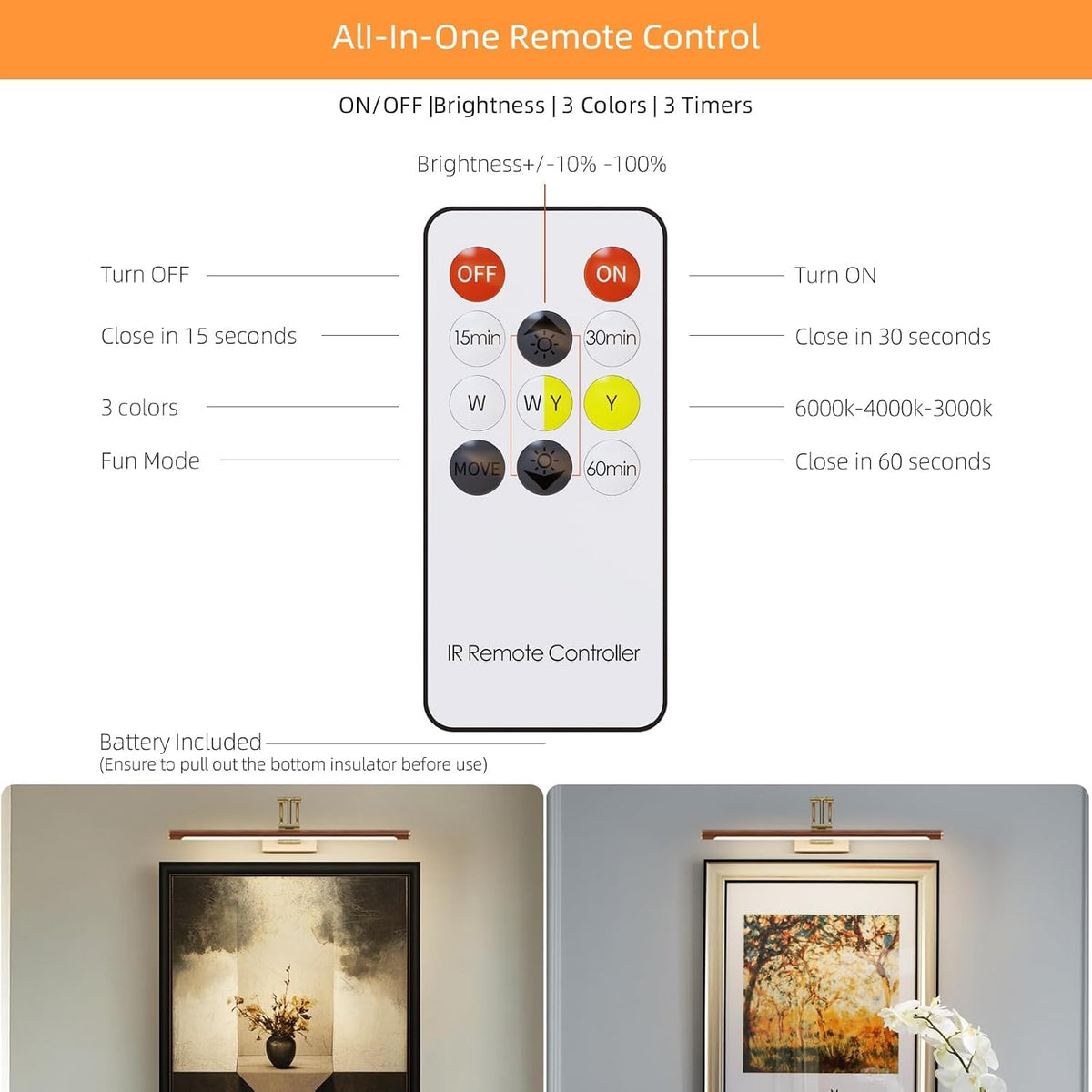 Wireless Picture Lights for Wall Rechargeable,16 inch Battery Operated Art Light for Paintings,3CCT Dimmable with