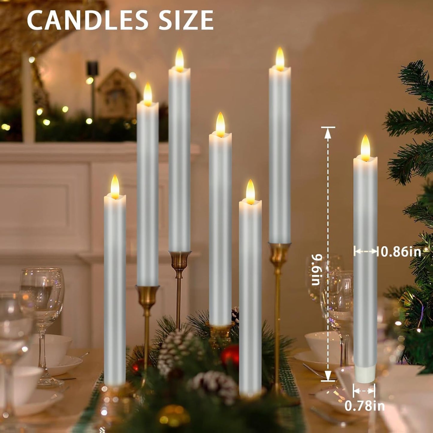 Upgraded Real Wax LED Flameless Grey Taper Candles with Remote, 6 PCS Candlesticks Battery Operated 3D Flickering