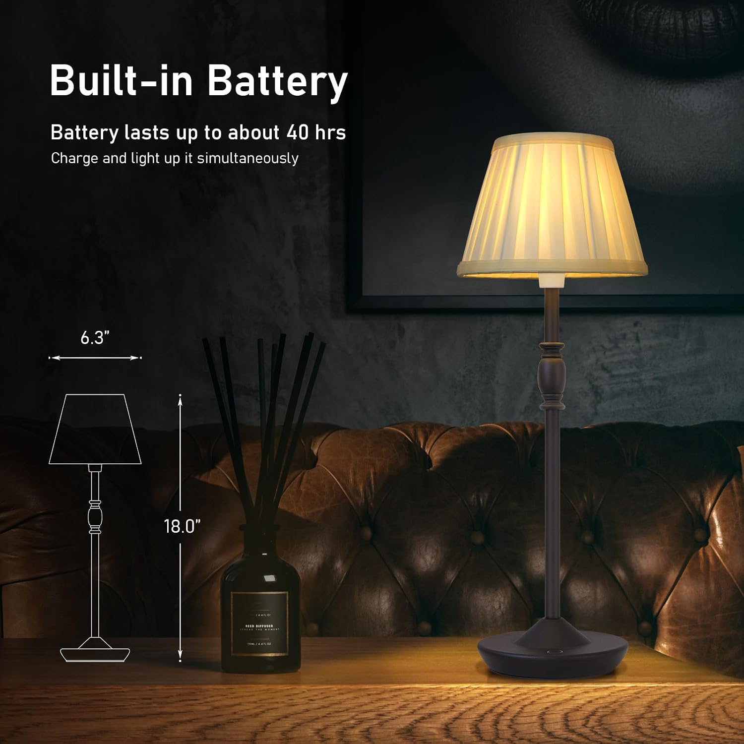 Cordless LED Touch Lamp with Dimmer Portable Small Table Lamp, 18" 2700K Rechargeable Battery Light for Bedside, Dining