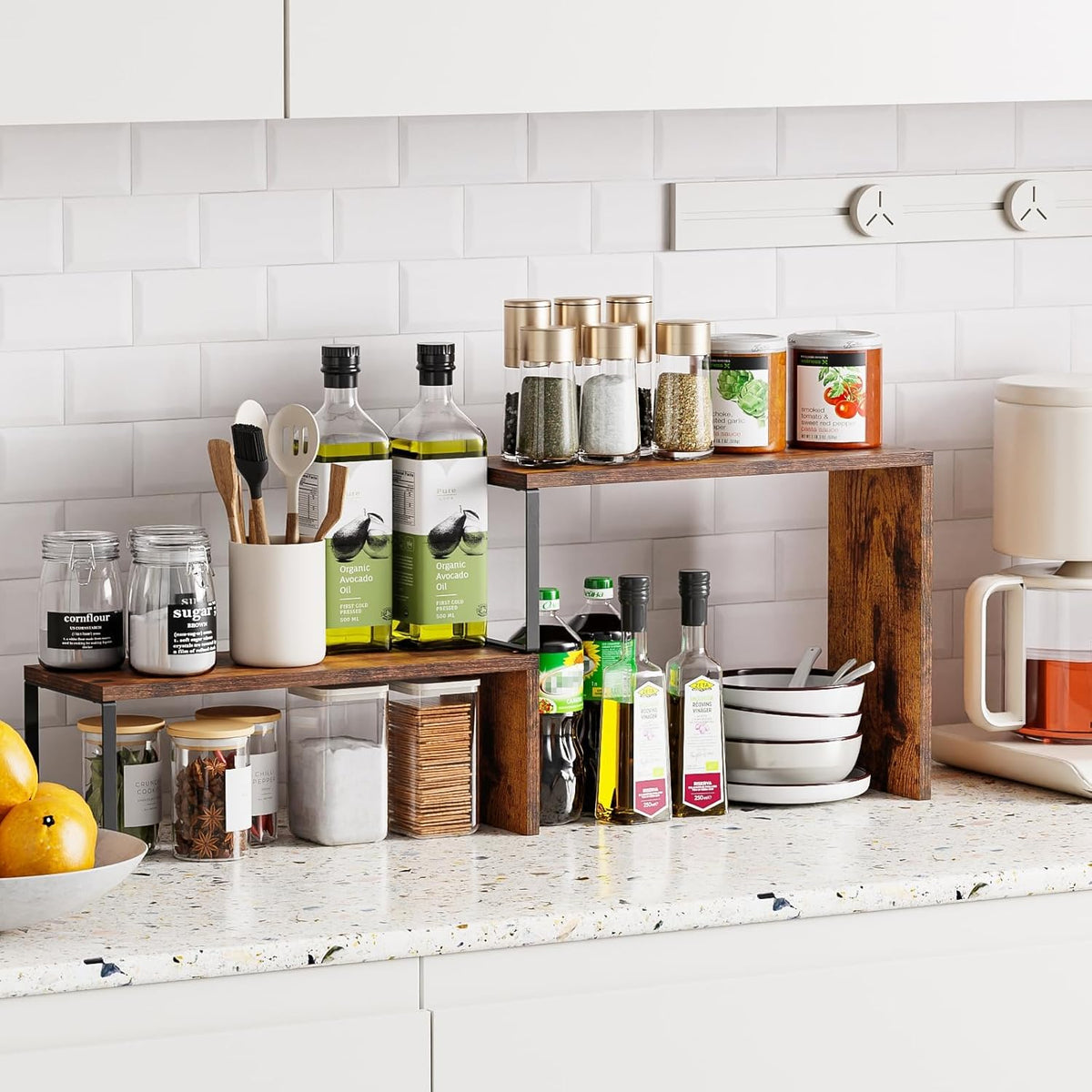 Kitchen Countertop Organizer, Spice Rack Cabinet Organizer Shelf Stackable Counter Corner Shelves Organization and