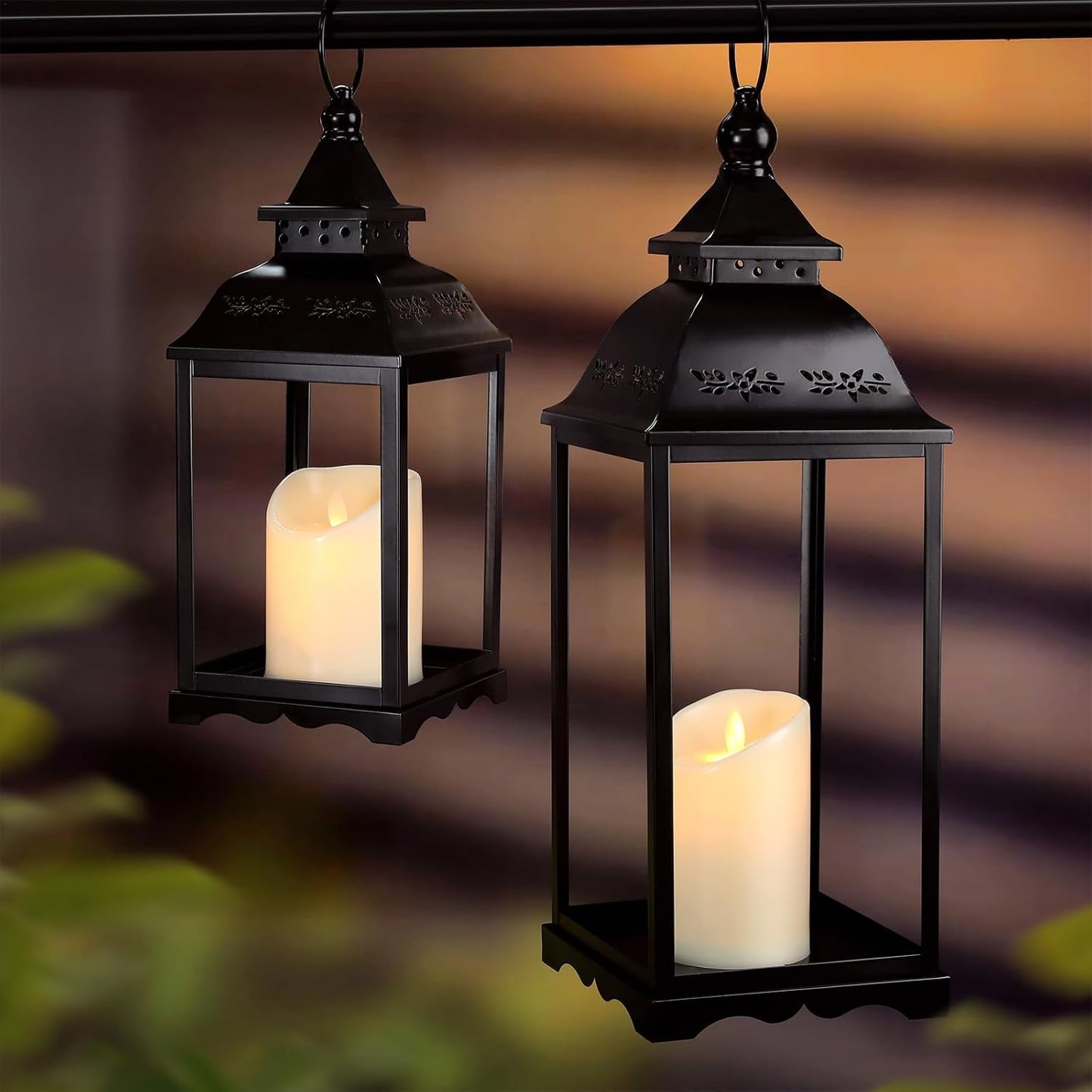Decorative Candle Lanterns Set of 2, Black Metal for Indoor & Outdoor | Ideal For Porch, Entryway, Wedding & Christmas