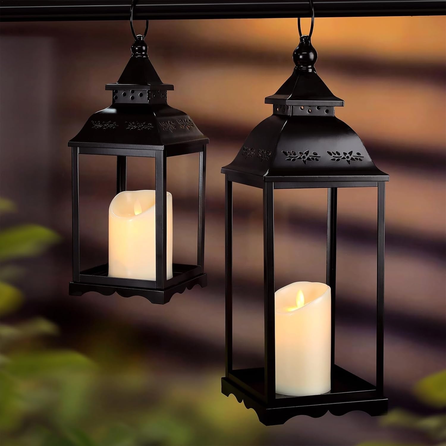 Decorative Candle Lanterns Set of 2, Black Metal for Indoor & Outdoor | Ideal For Porch, Entryway, Wedding & Christmas