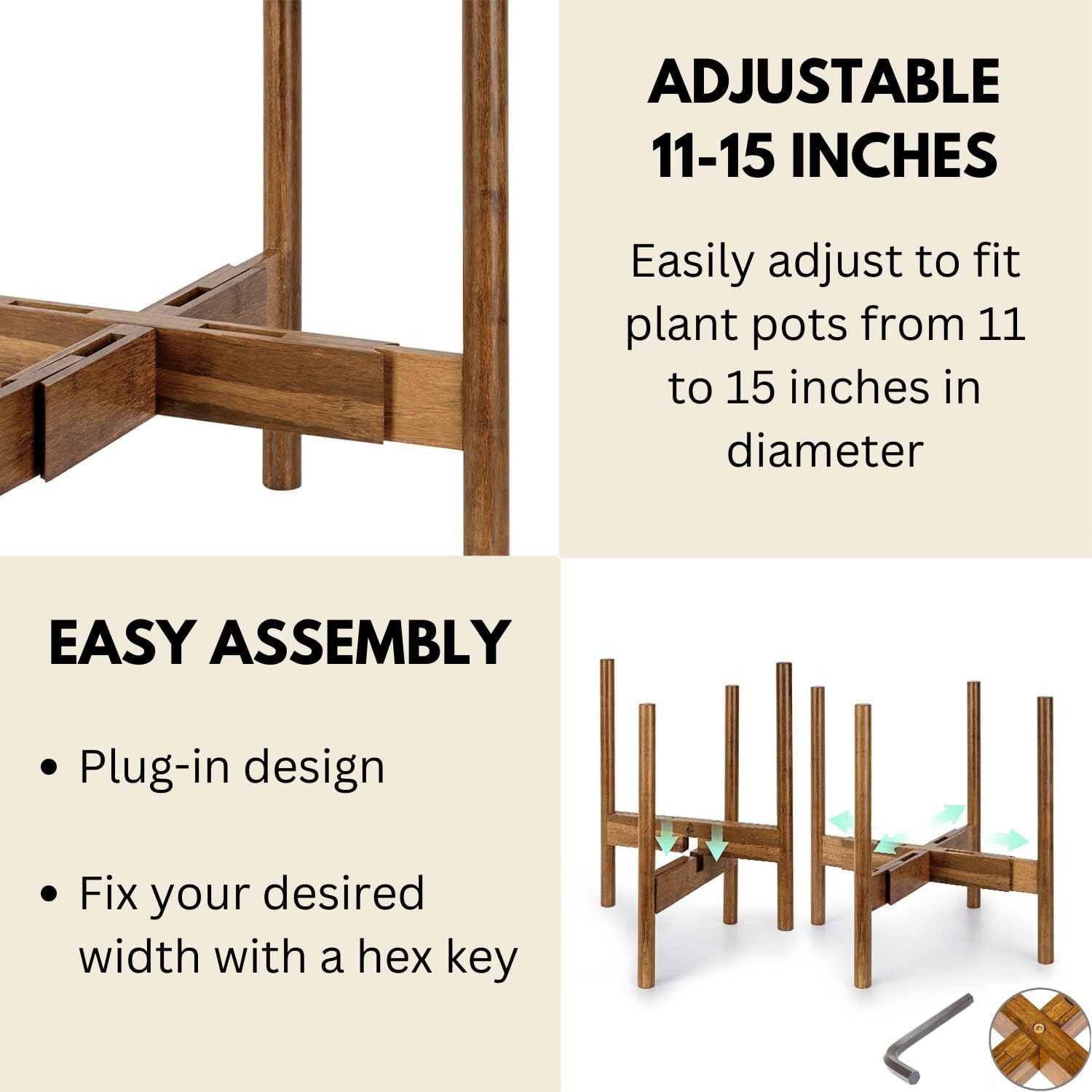 Fox & Fern Large Adjustable Plant Stand Indoor, Bamboo Stand, 11 - 15 Inch | Plug In Design, Holds 200 lbs, Two