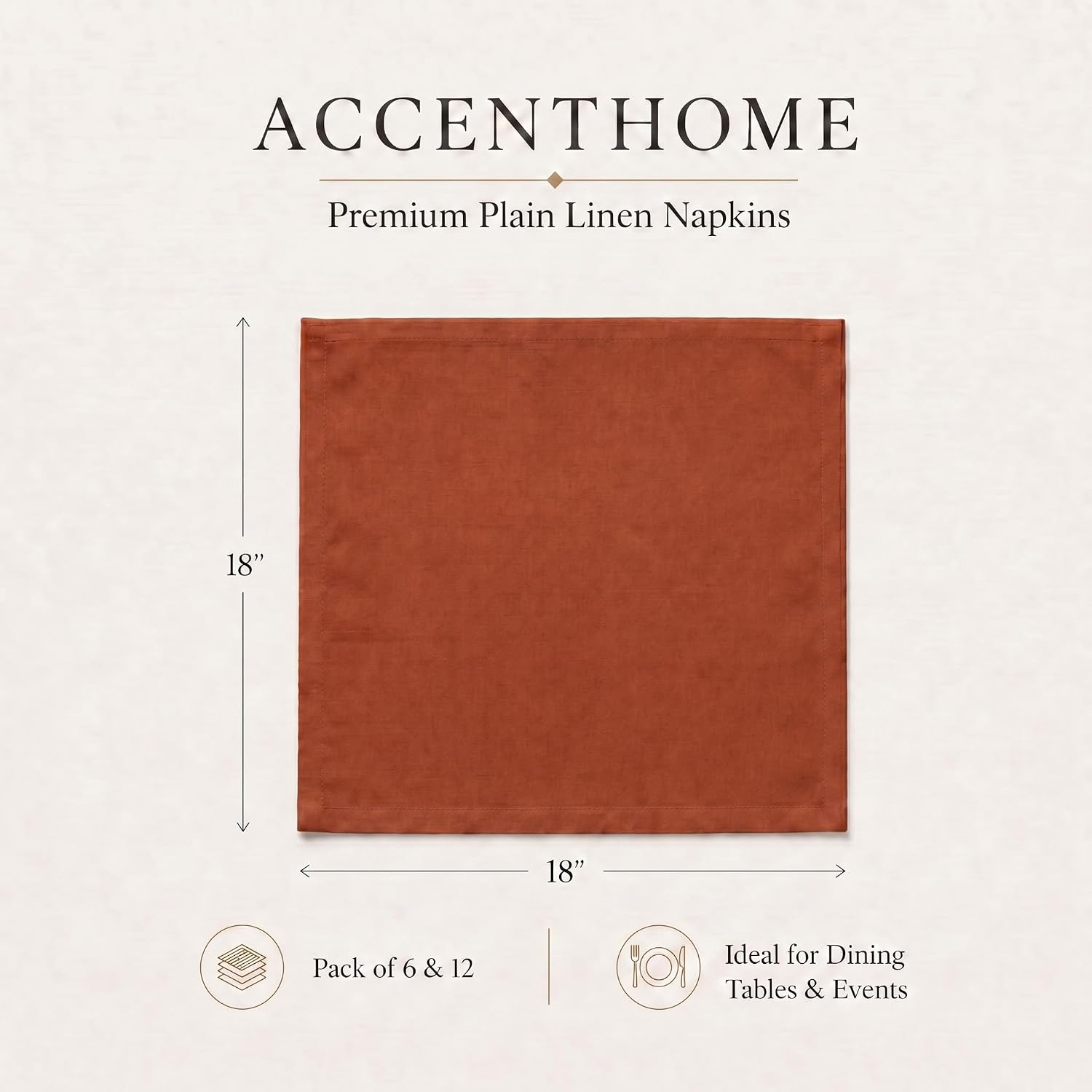 ACCENTHOME Rust Cotton Linen Napkin Set of 12 18x18 inch Dinner Napkins | Cotton Linen Blend Napkins, Machine Wash On