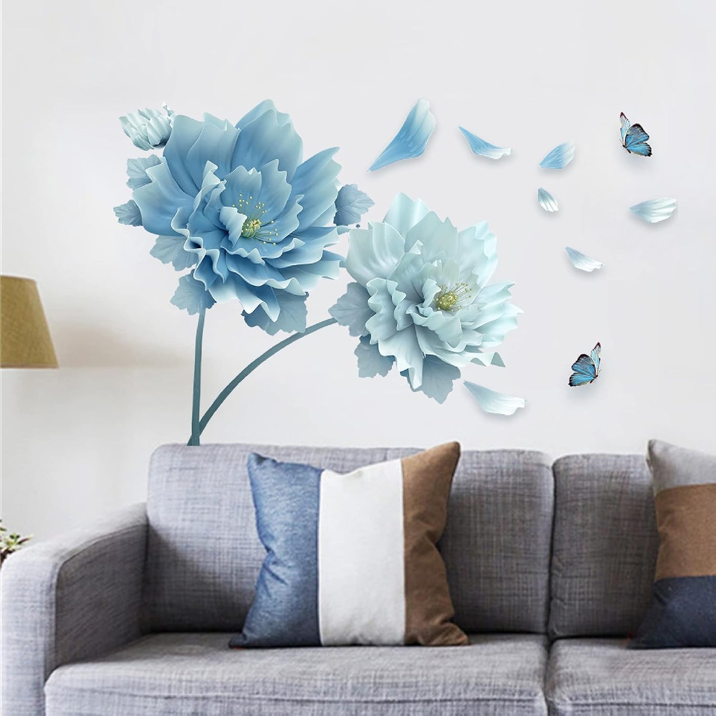 Large Flowers Petals Butterflies Wall Decals Living Room Floral Wall Stickers Removable Peel / Blue