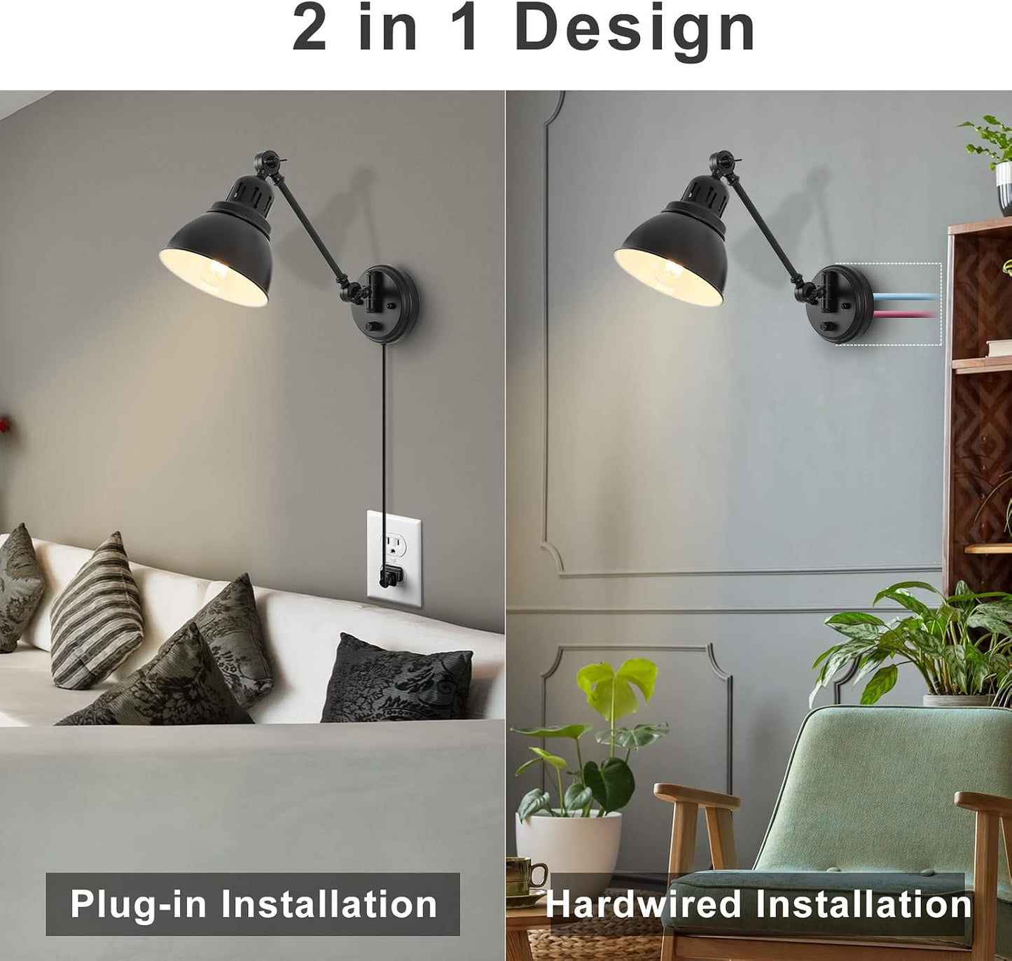 GOODATE Plug in Wall Sconces, Wall Sconce Lighting with Dimmable On Off Switch, Swing Arm Wall Lamp, Black Metal