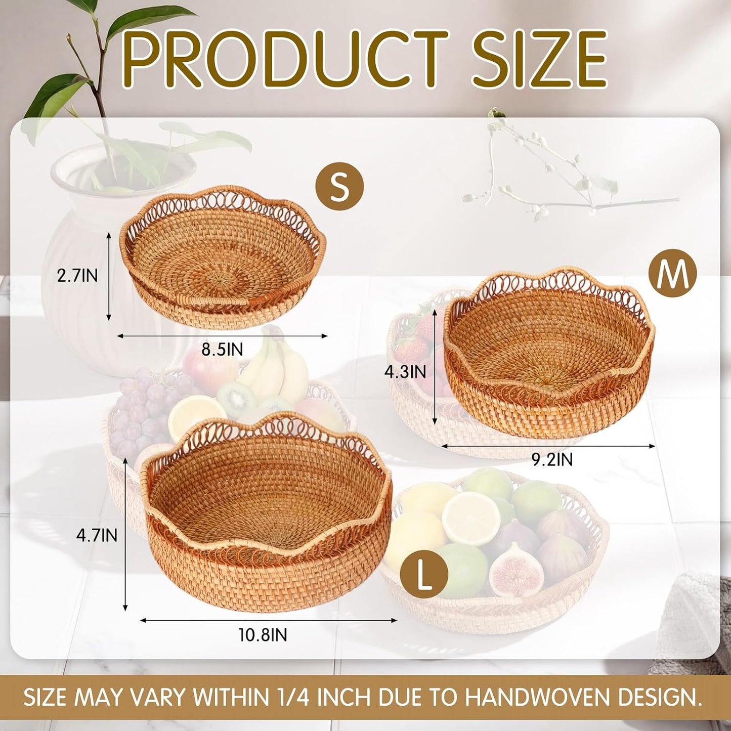 Rattan Bread Basket for Serving Wicker Bread Basket Woven Round Fruit Serving / Natural / Set of 3