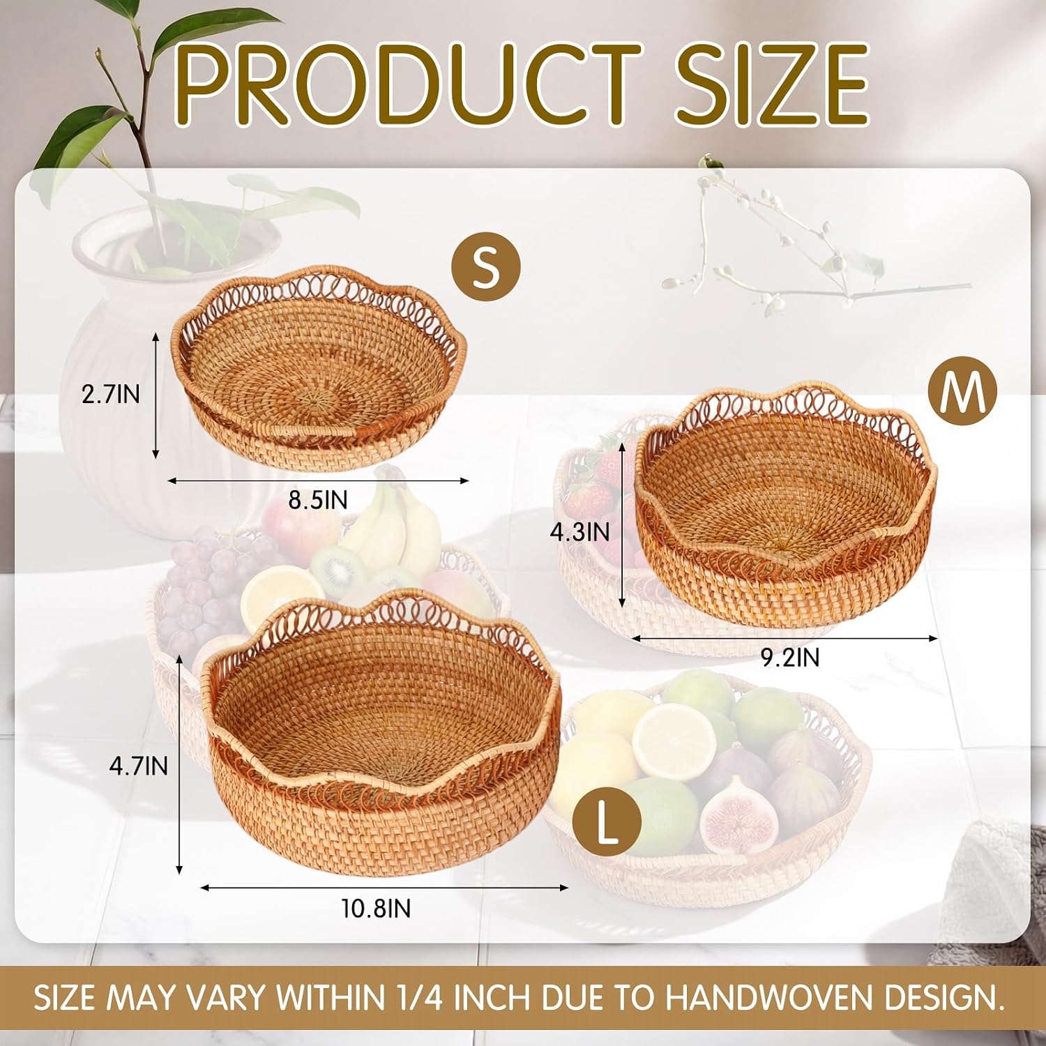 Rattan Bread Basket for Serving Wicker Bread Basket Woven Round Fruit Serving / Natural / Set of 3