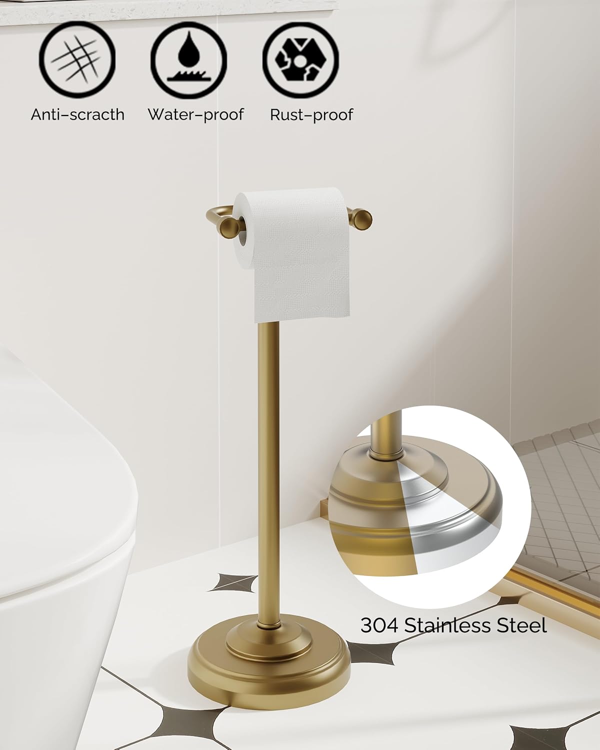 Gold Toilet Paper Holder Stand Stainless Steel & Weighted Base | Brushed Finish Post Pivoting Design Easy to Change
