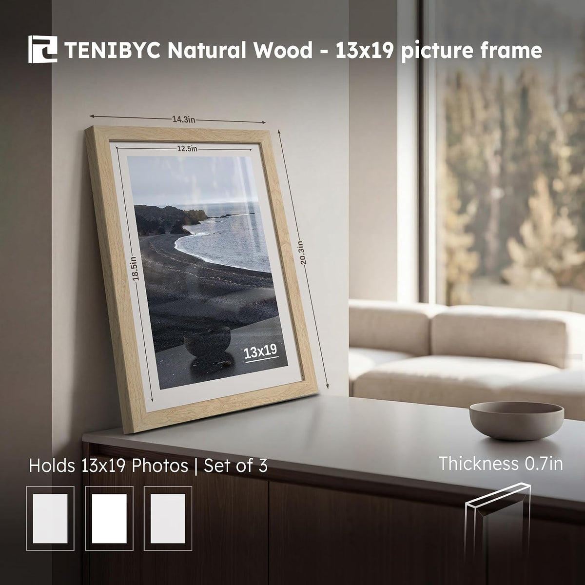 13x19 Picture Frame 3 Pack, Natural Wood, Real Glass, Wall Hanging | Thick HD Tempered Glass, Large Poster Frame for