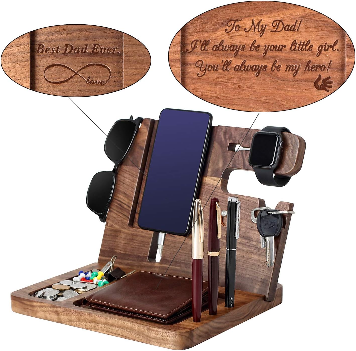 awofer Gifts for Men - Ebony Wood Phone Docking Station - Nightstand with Key Holder, Wallet Stand and Watch Organizer