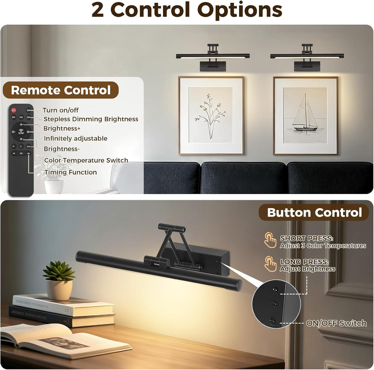 Battery Operated Picture Lights for Wall, Wireless Gallery Light 15.75 Inch | Rechargeable Art Light with Remote and