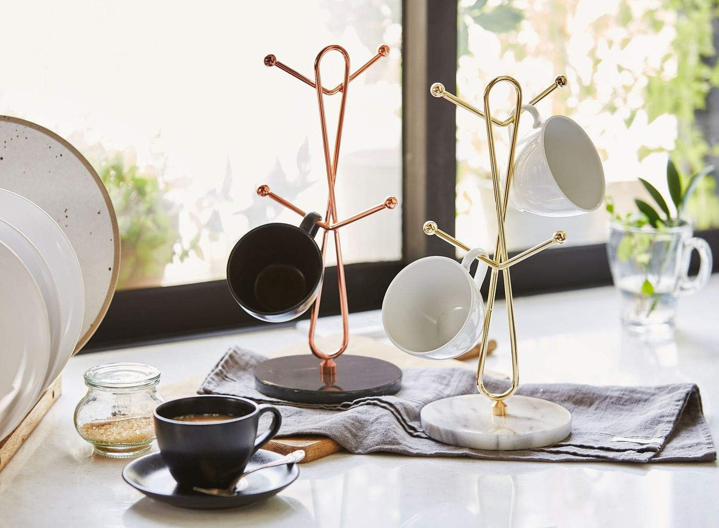 JEmarble Mug Holders with Copper Plated Standing - White Countertop Mug Tree, Coffee & Tea Cup Storage Rack, Coffee
