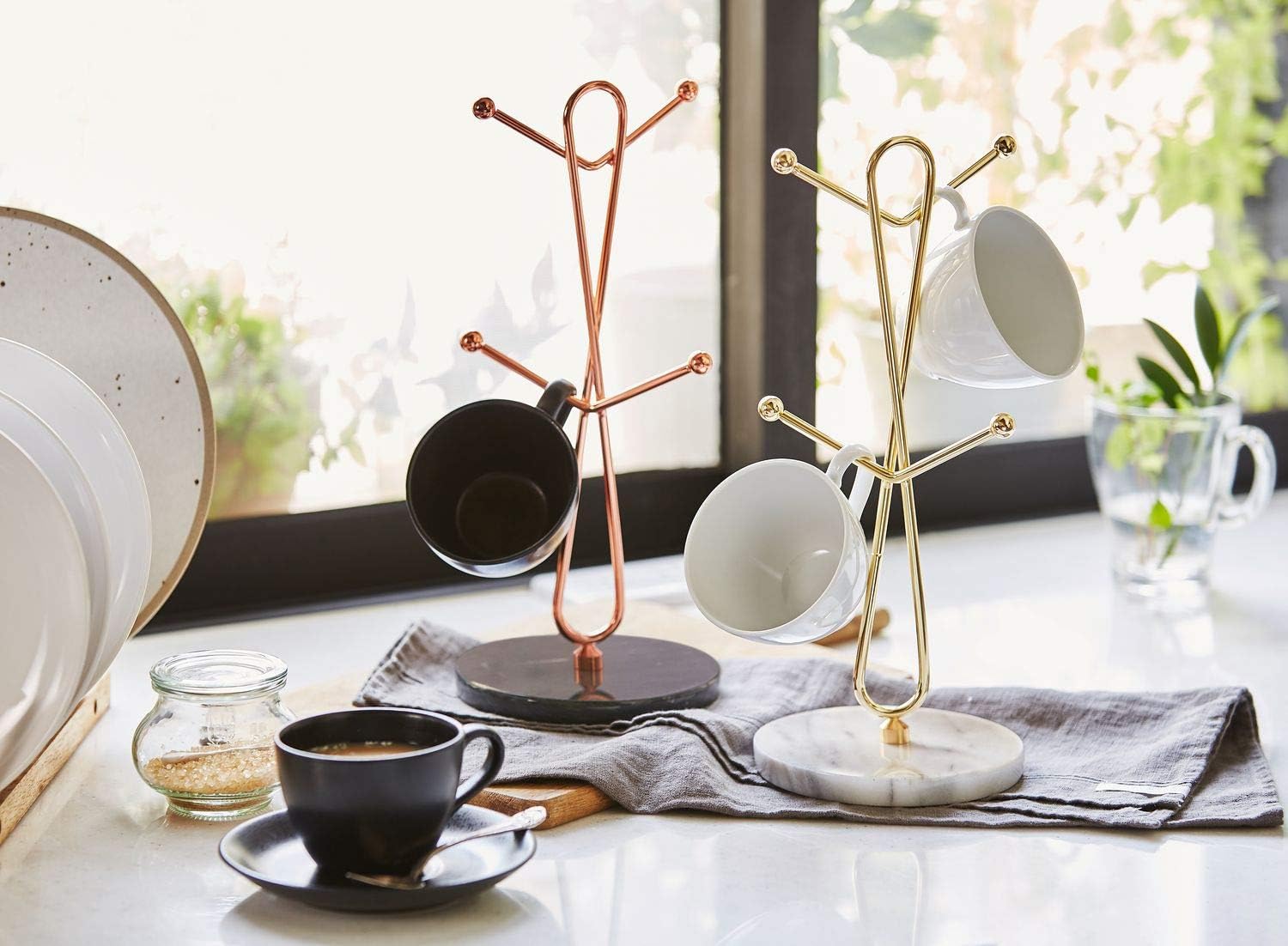 JEmarble Mug Holders with Copper Plated Standing - White Countertop Mug Tree, Coffee & Tea Cup Storage Rack, Coffee