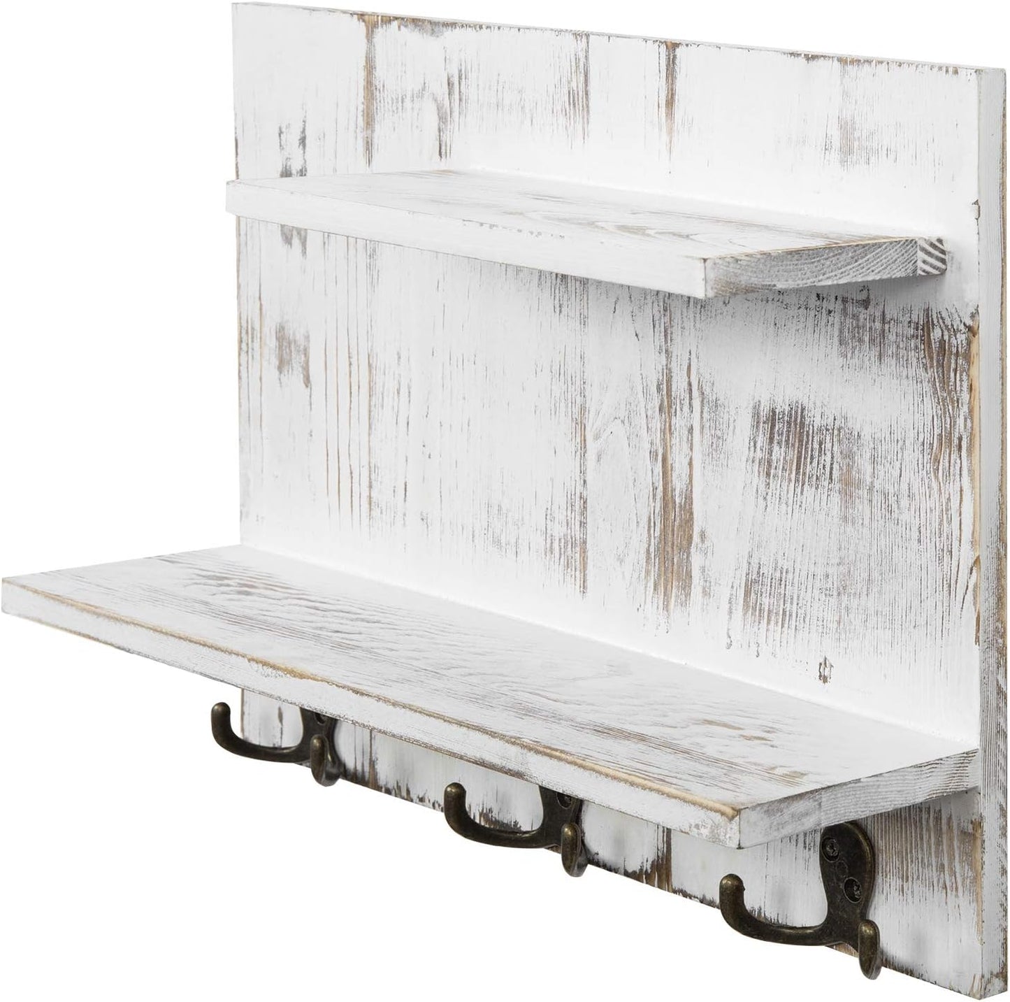 MyGift 2 Tier Wall Mounted Shabby White Washed Solid Wood Bathroom Storage Shelves, Decorative Entryway Floating Shelf